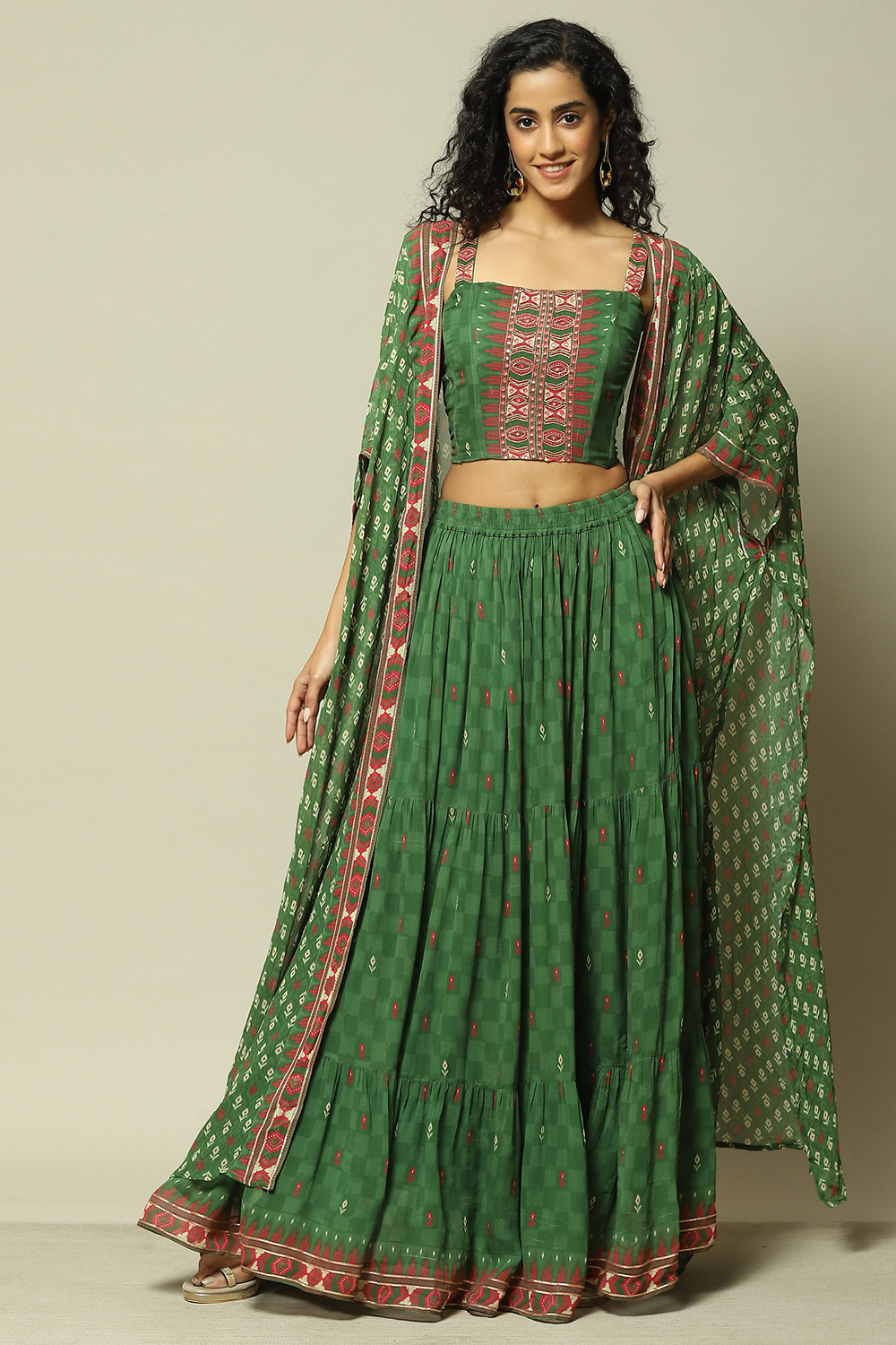 Green Polyester Straight Printed Kurta Skirt Suit Set image number 6