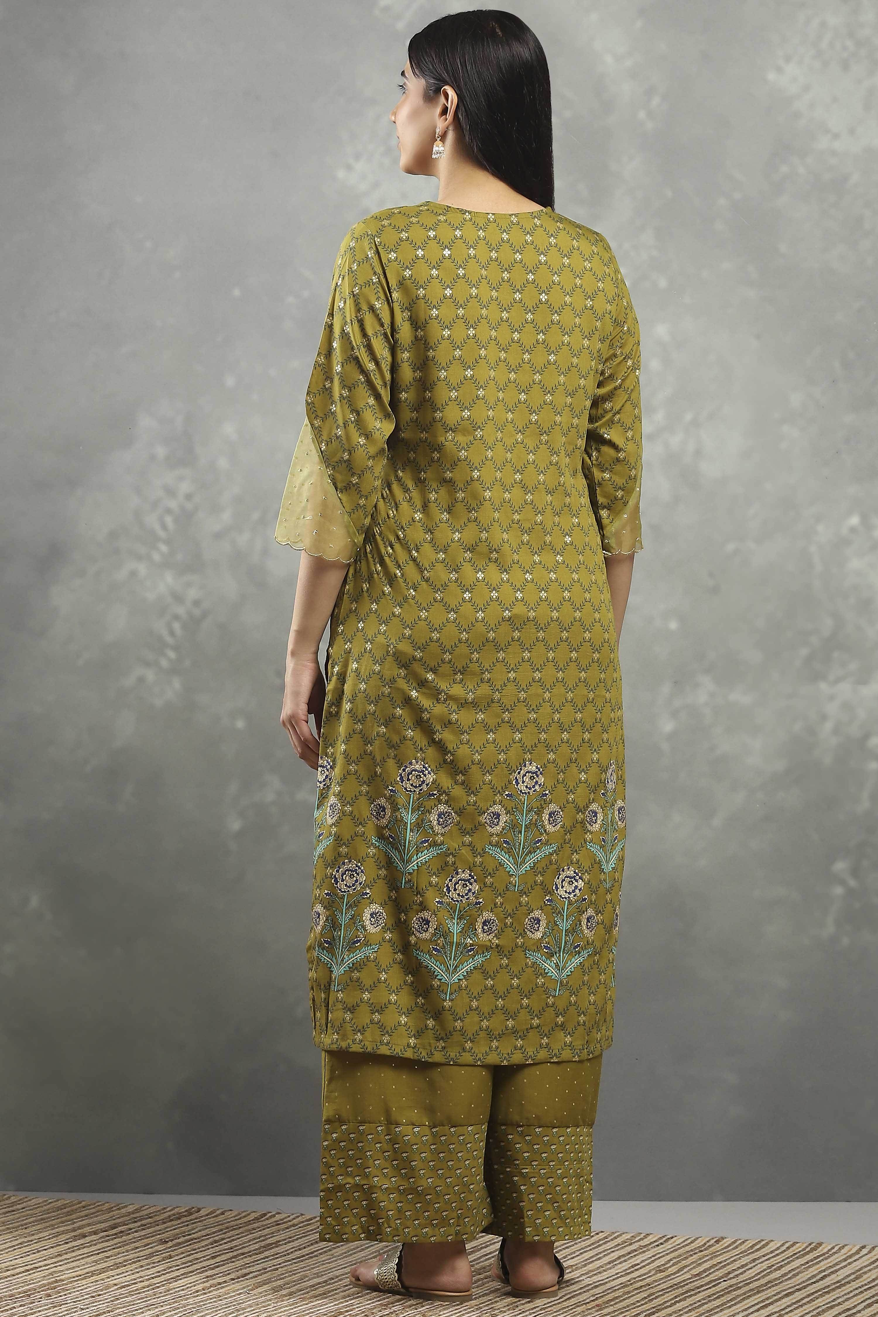 Green Polyester Straight Kurta Pants Set image number 4
