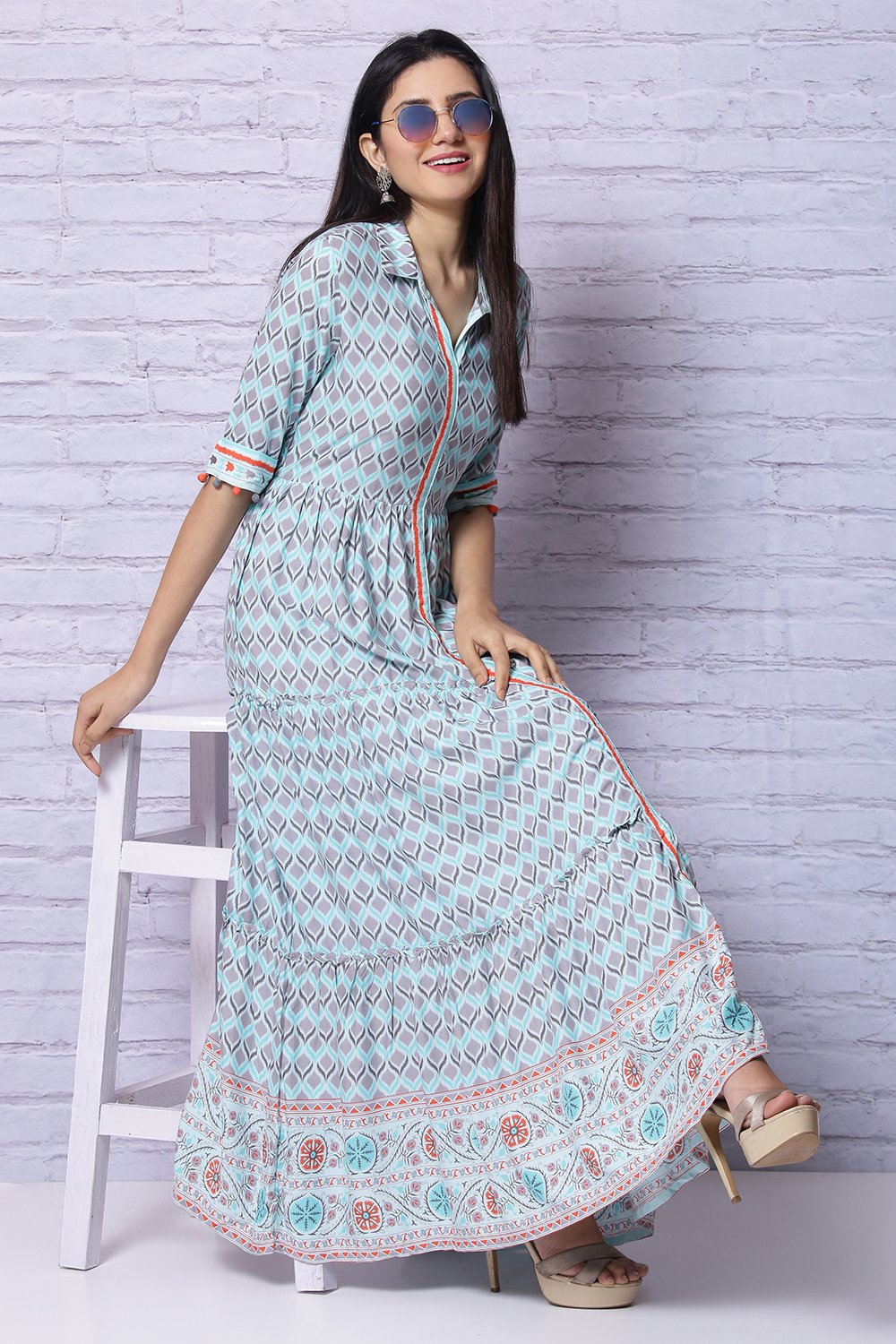 Mint Green Viscose Rayon Tired Dress image number 0