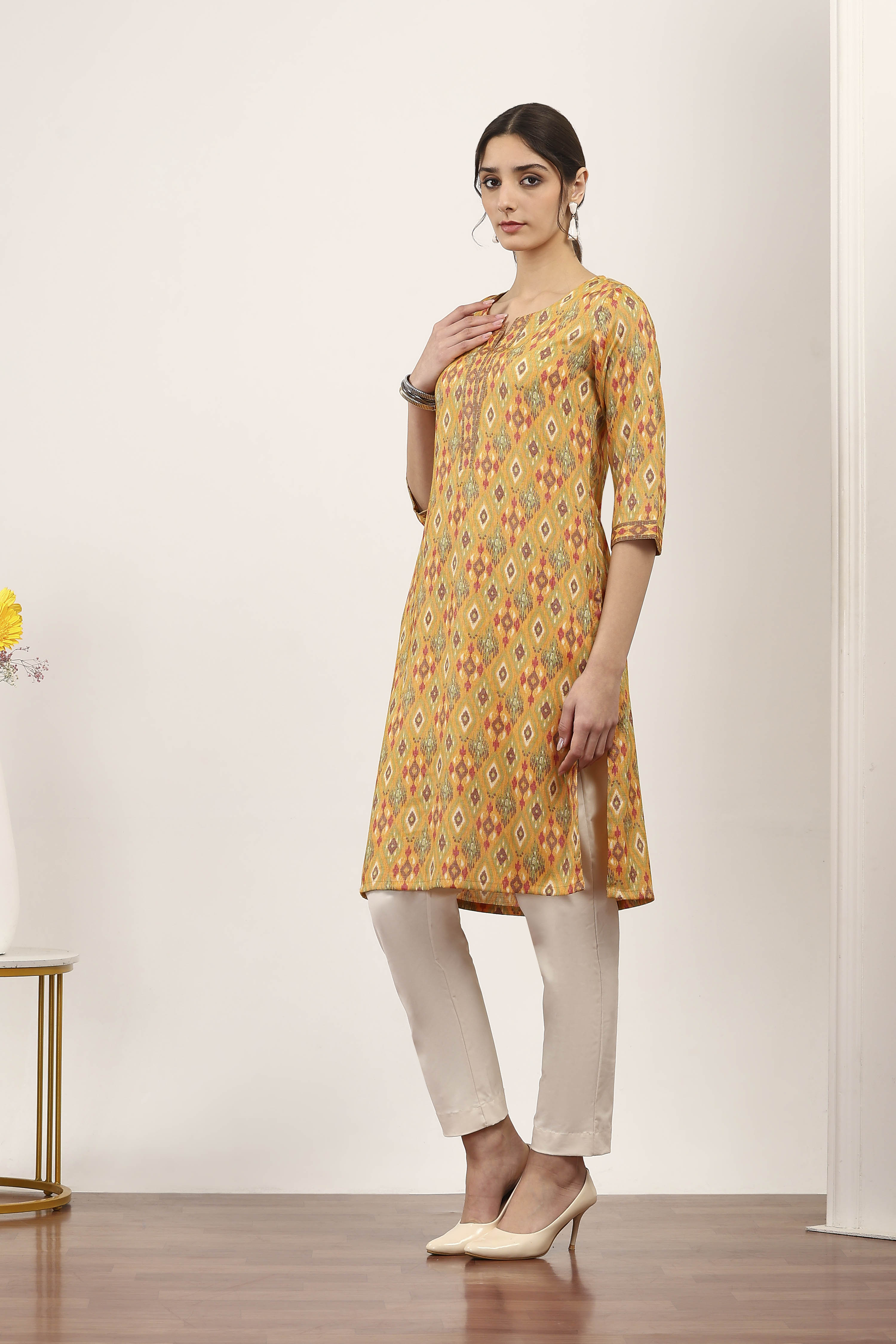Yellow Viscose Polyester Straight Kurtas image number 2