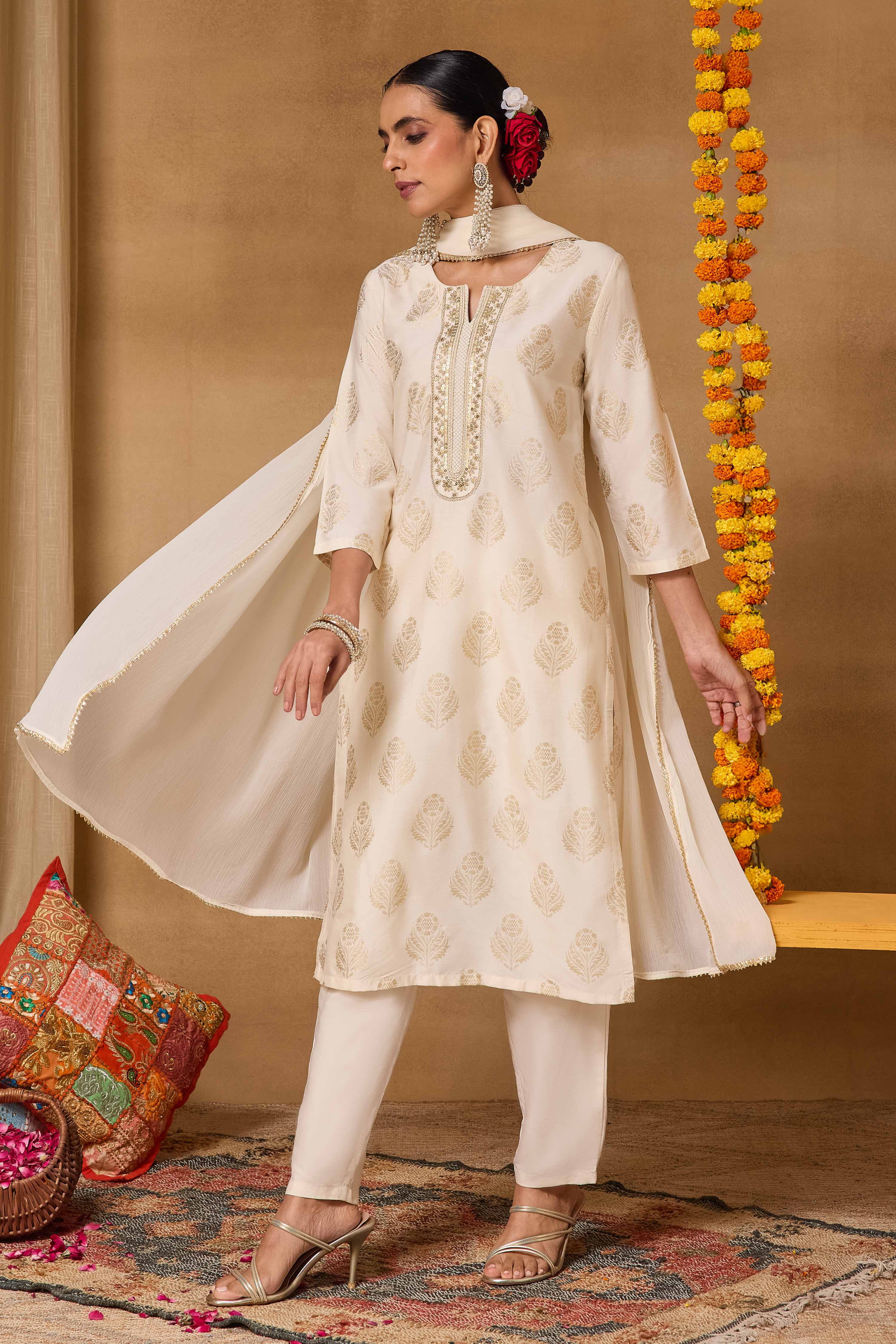 Off White Viscose Blend Straight Printed Suit Set image number 4