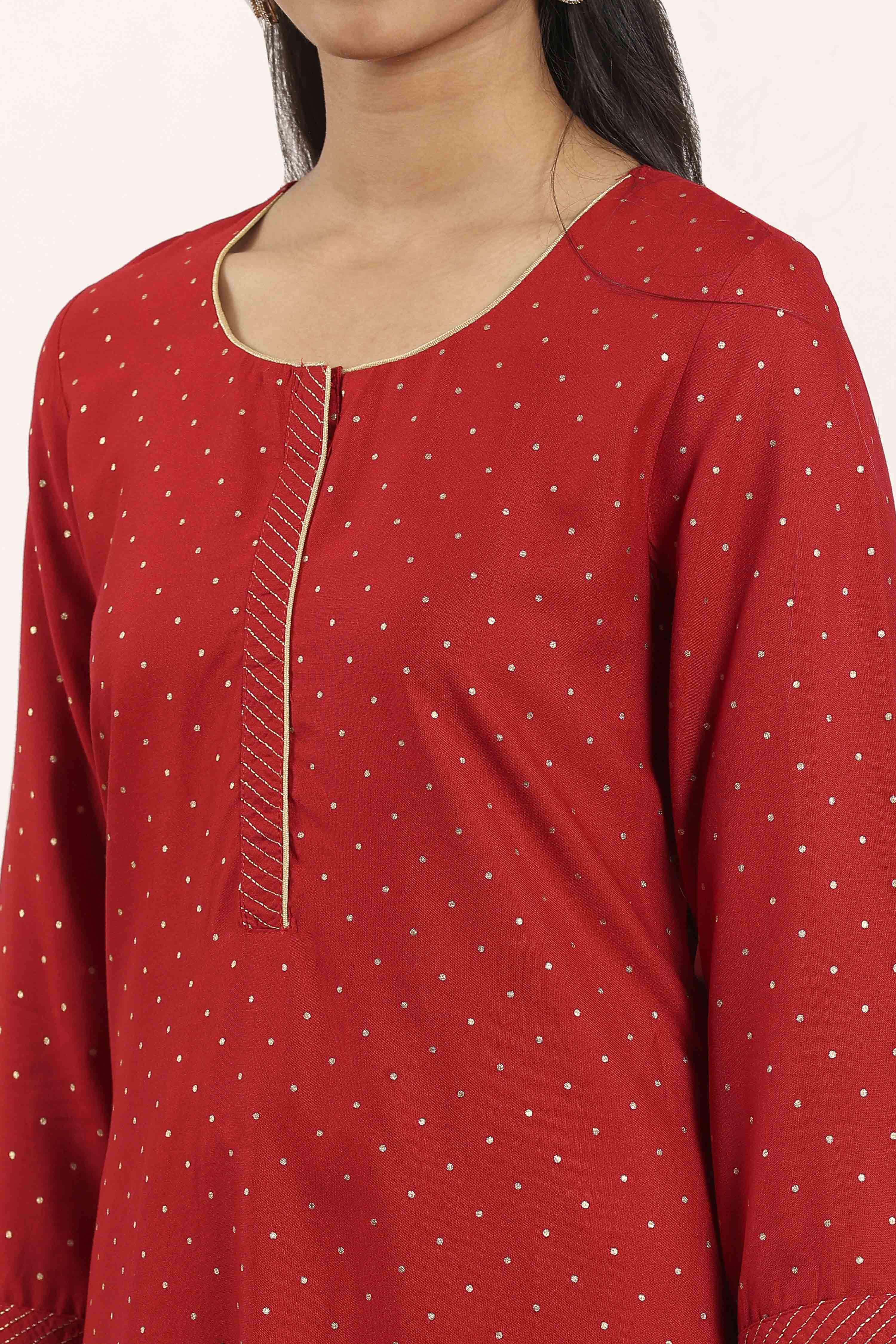 Red Viscose Rayon Straight Kurta Pants Set image number 1