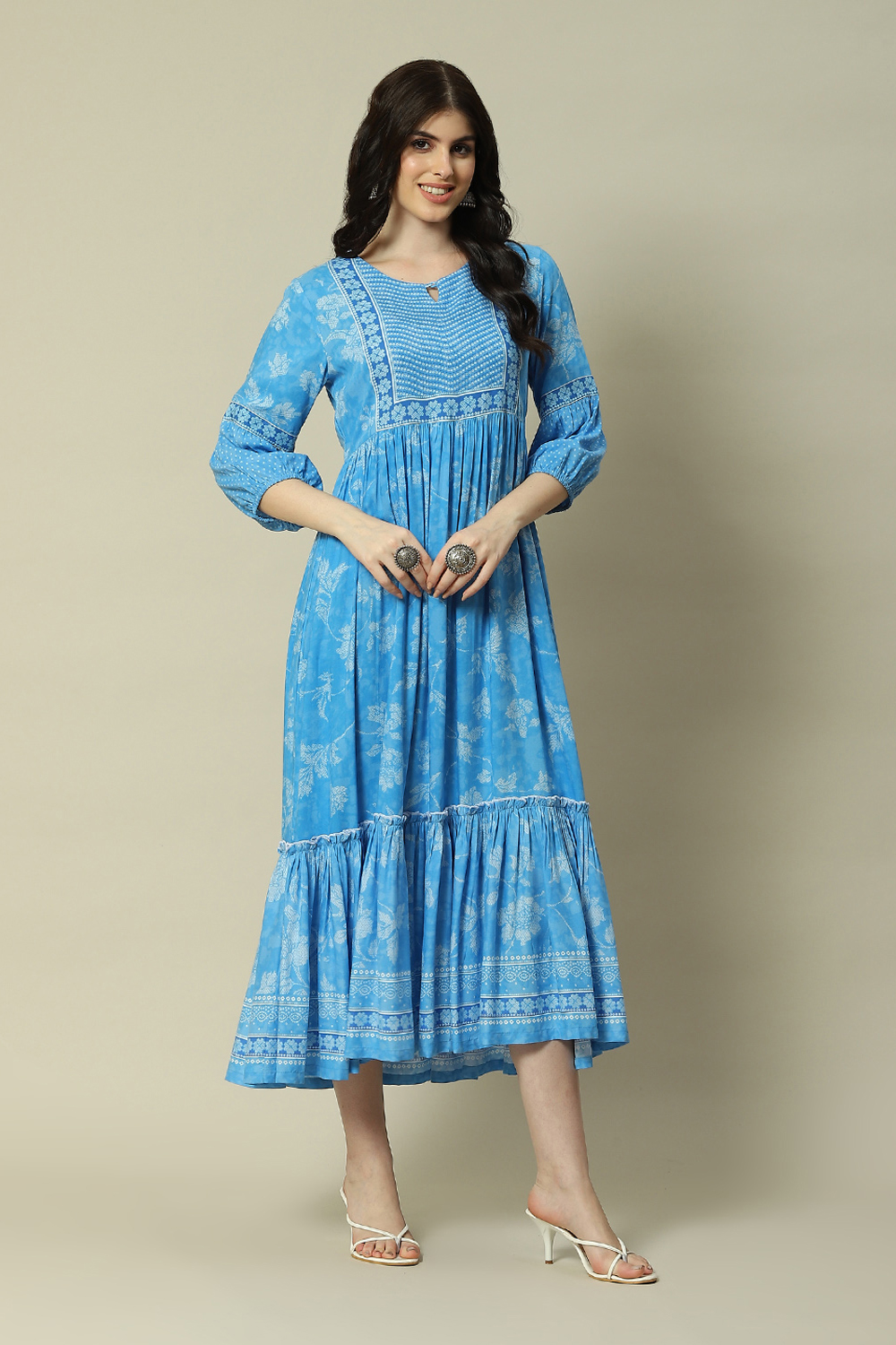 Aqua Blue Viscose Tiered Printed Dress image number 3