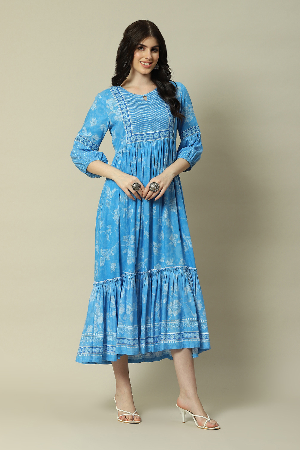 Aqua Blue LIVA Tiered Printed Dress image number 3