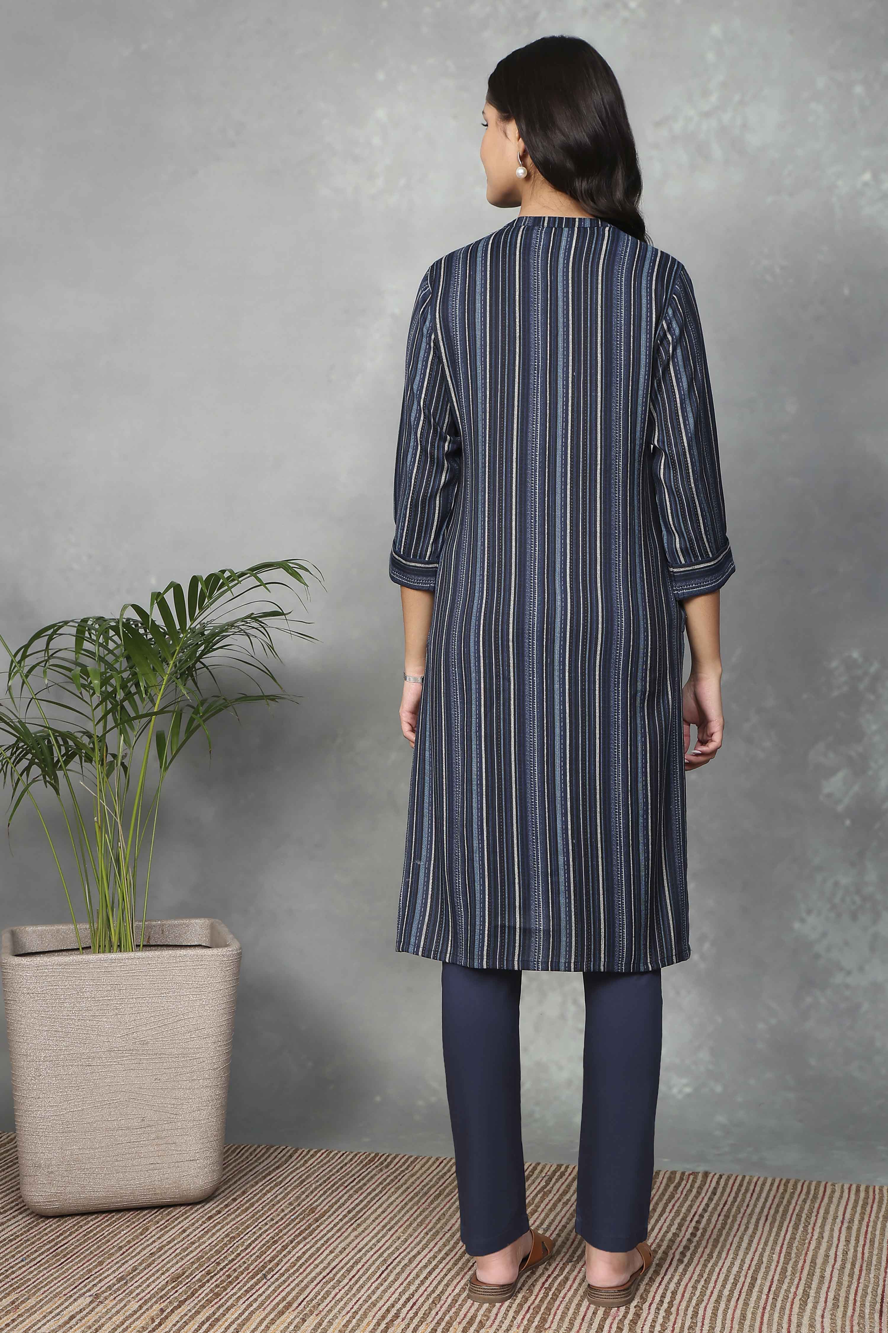 Blue Printed Straight Kurta image number 3