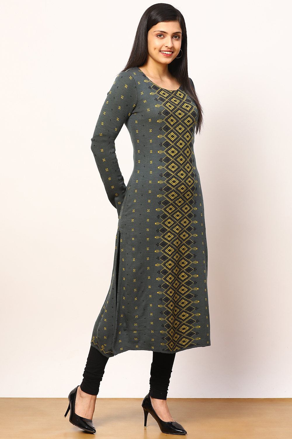 Grey Jacquard Straight Kurta image number 3