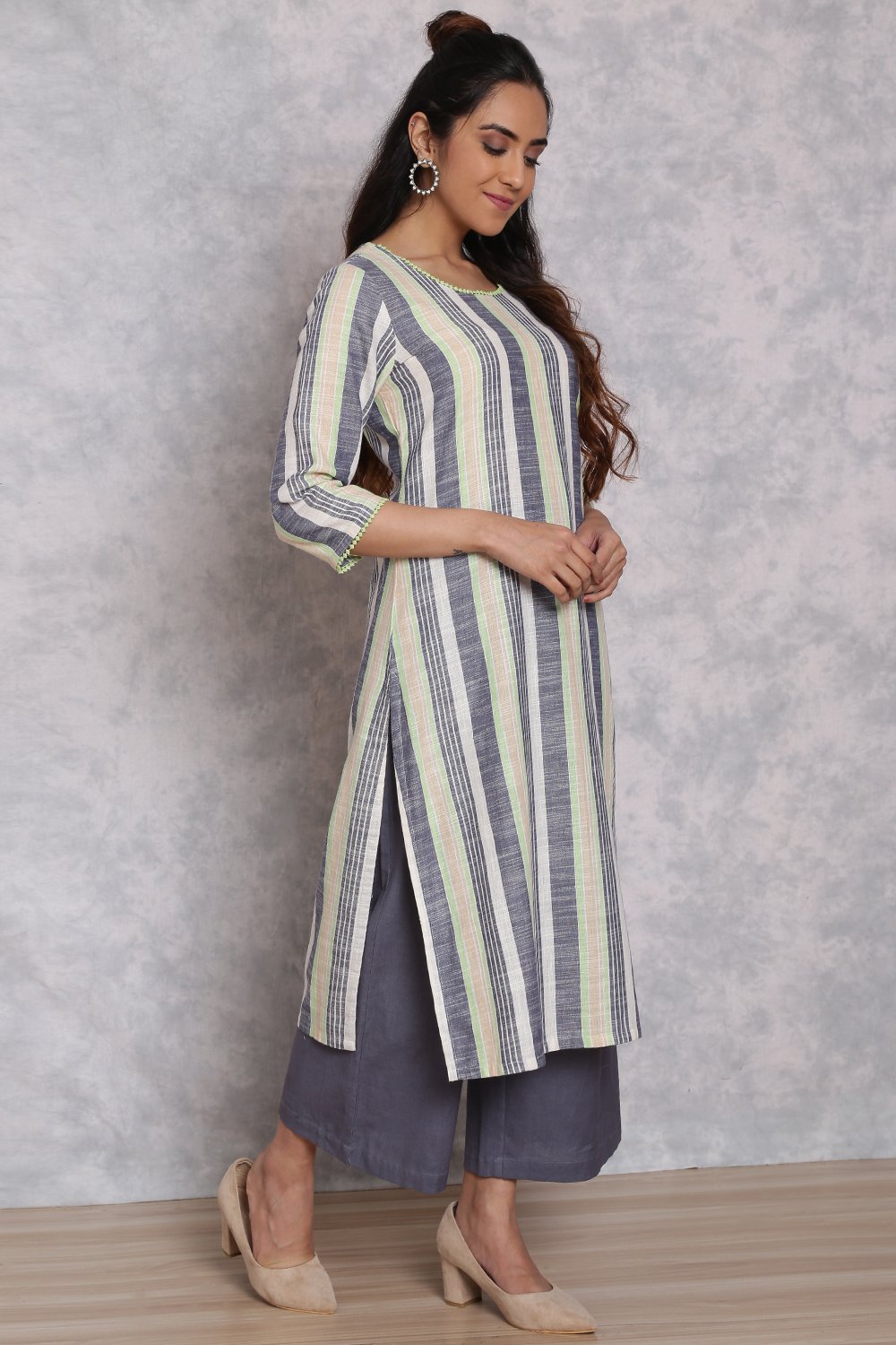 Multicolored Cotton Straight Suit Set image number 2