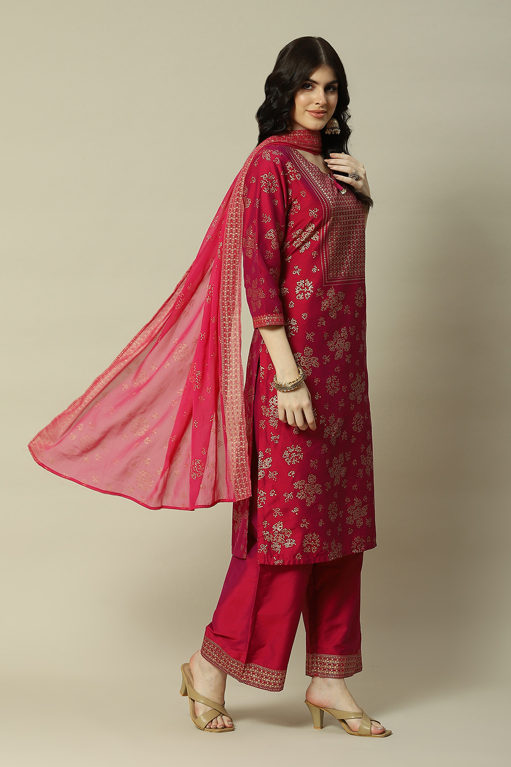 Pink LIVA Straight Printed Suit Set image number 6