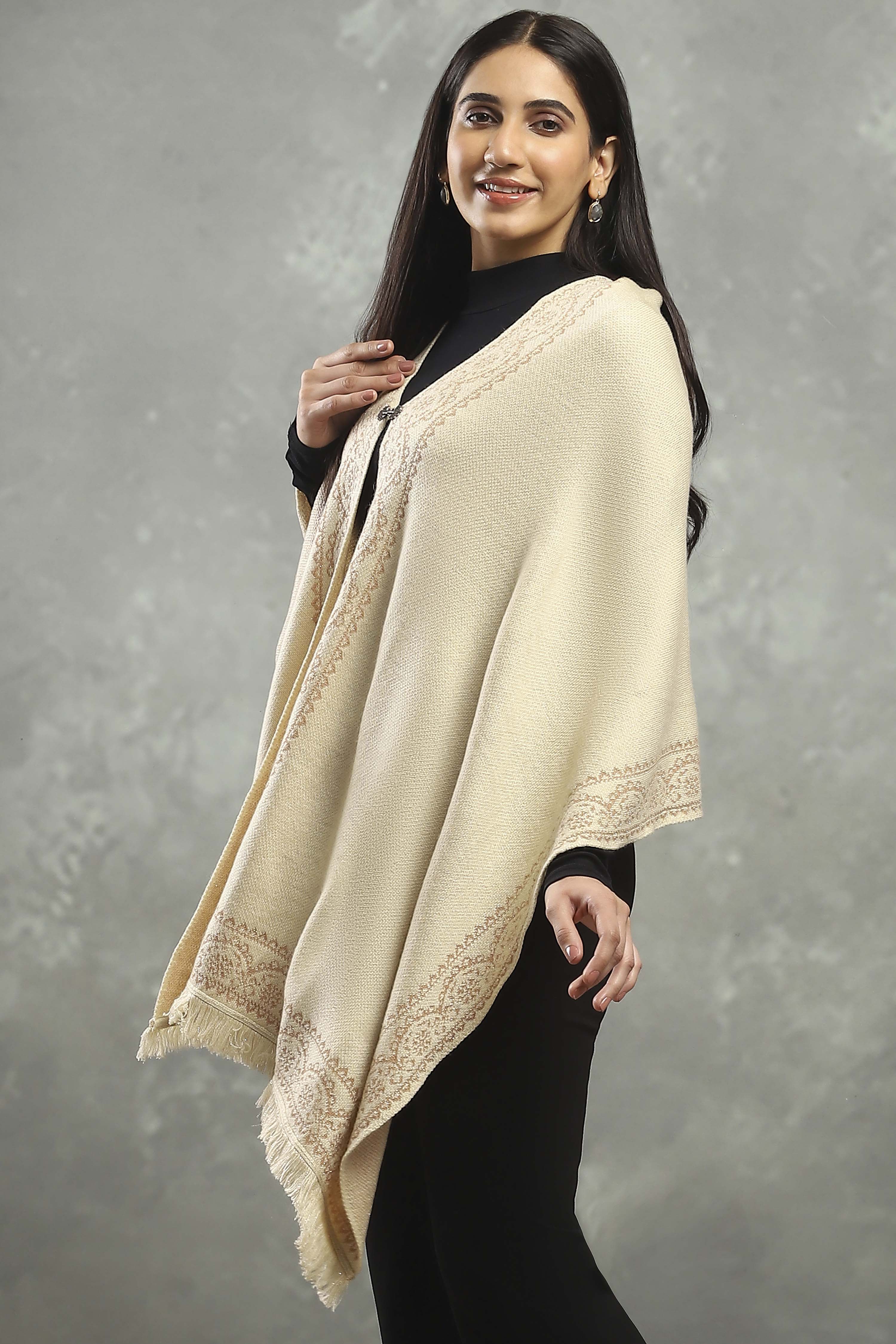 Off White Polyester Yarndyed Cape  image number 2