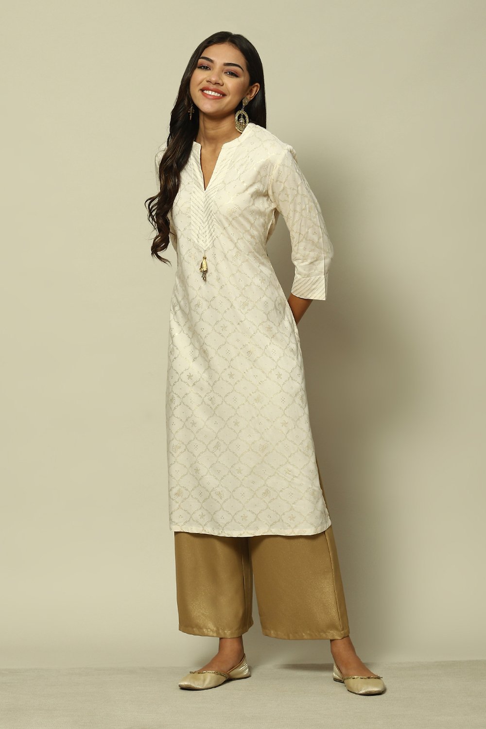 Cream LIVA Straight Printed Kurta image number 0