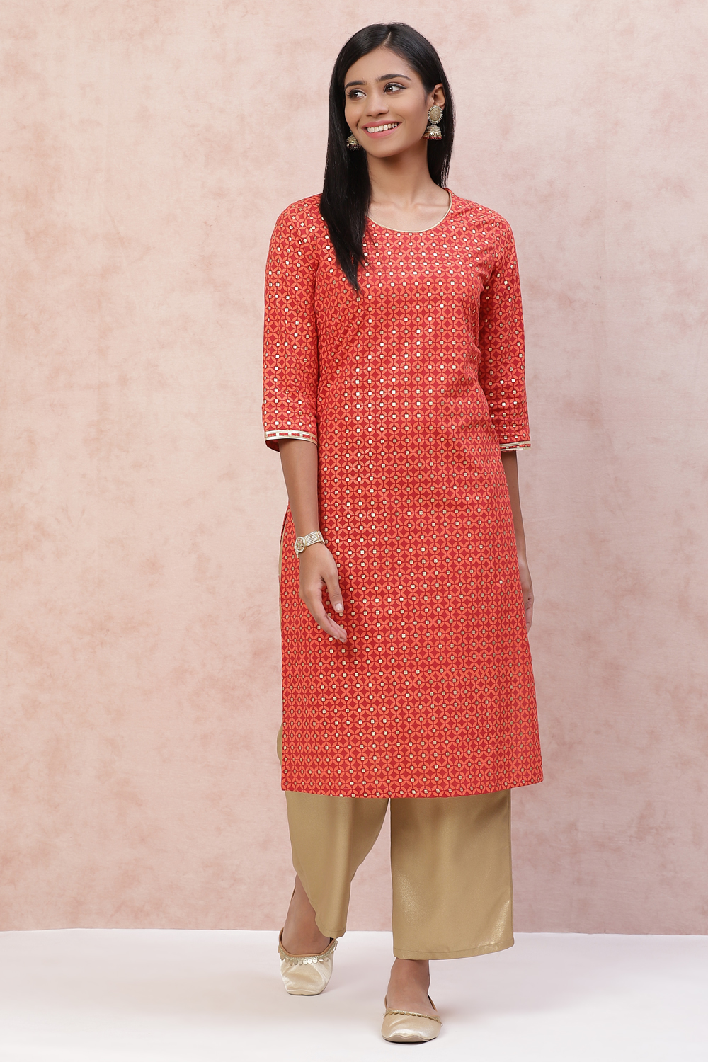 Red Cambric Cotton Straight Kurta image number 0