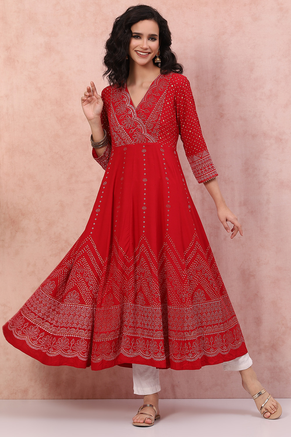 Buy Red LIVA Kalidar Kurta Dress 1N by Rangriti