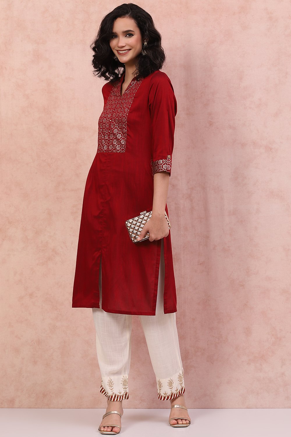 Red Art Silk Straight Kurta image number 5