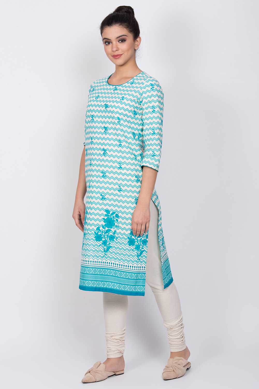 Turquoise Cotton Straight Kurta image number 2