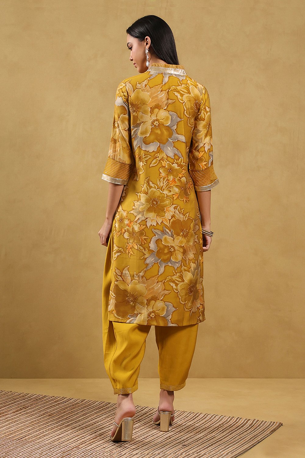 Mustard Viscose Blend Printed Straight Suit Set image number 4