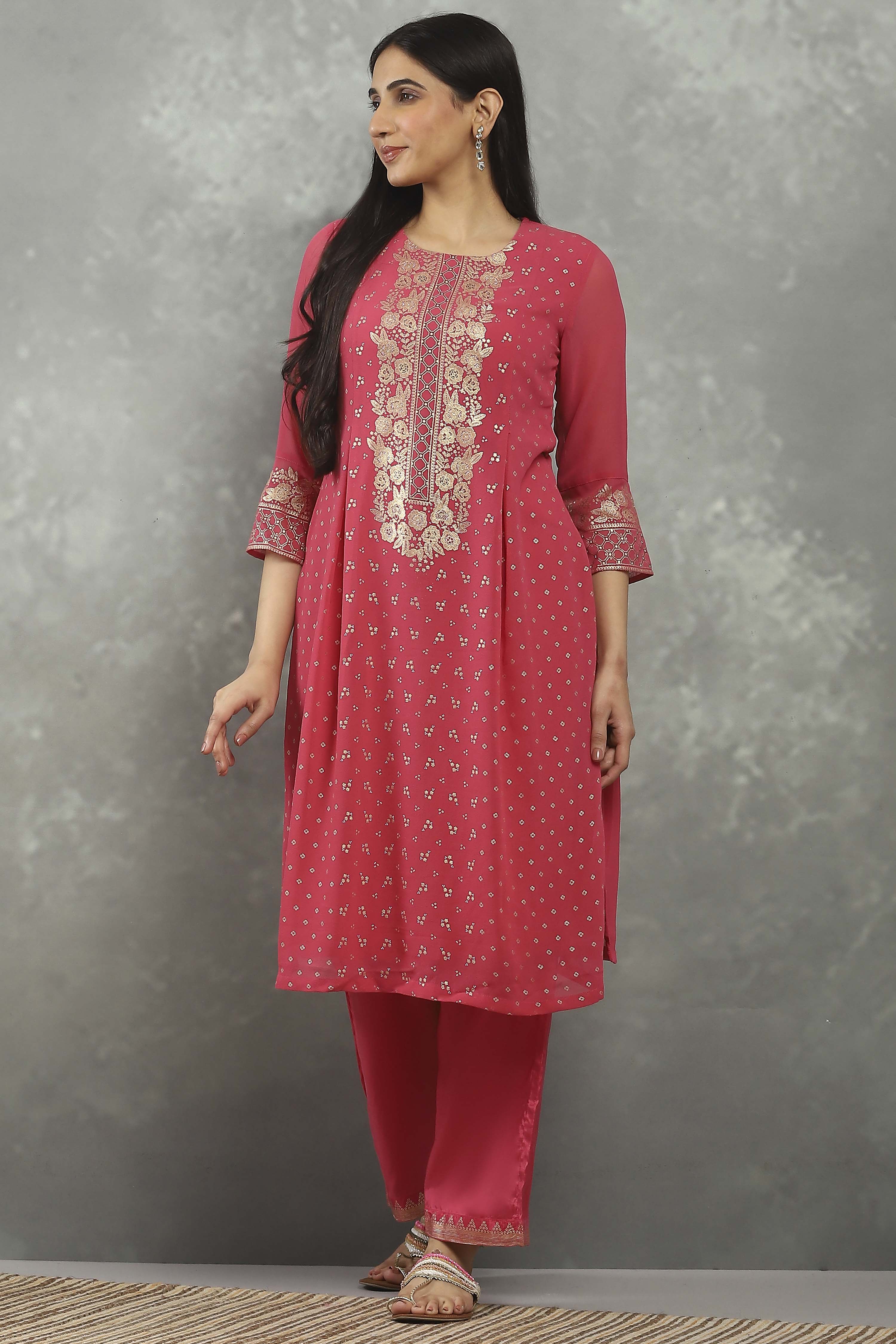Pink Viscose Straight Kurta Pants Set image number 0