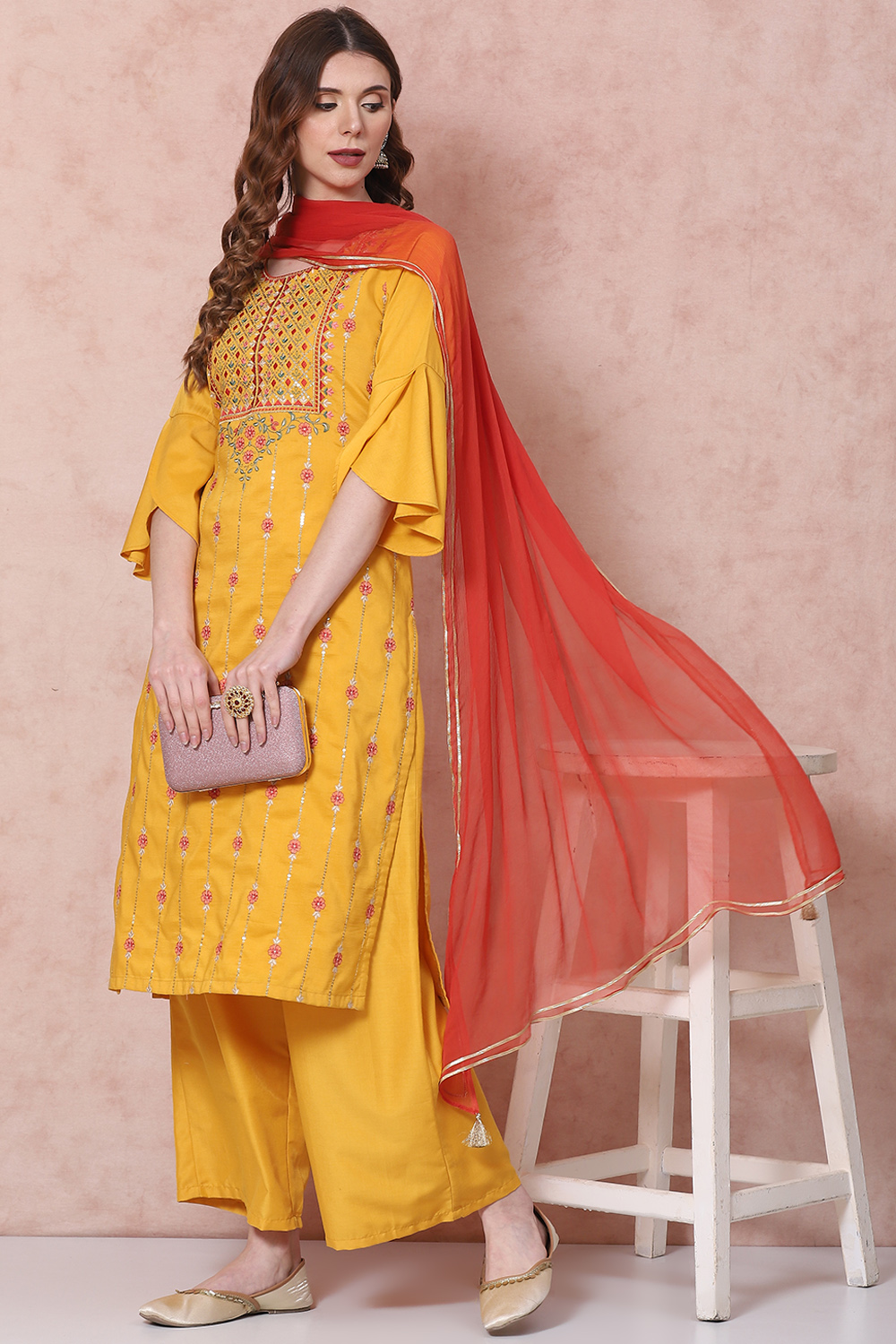 Mustard Art Silk Straight Suit Set image number 7