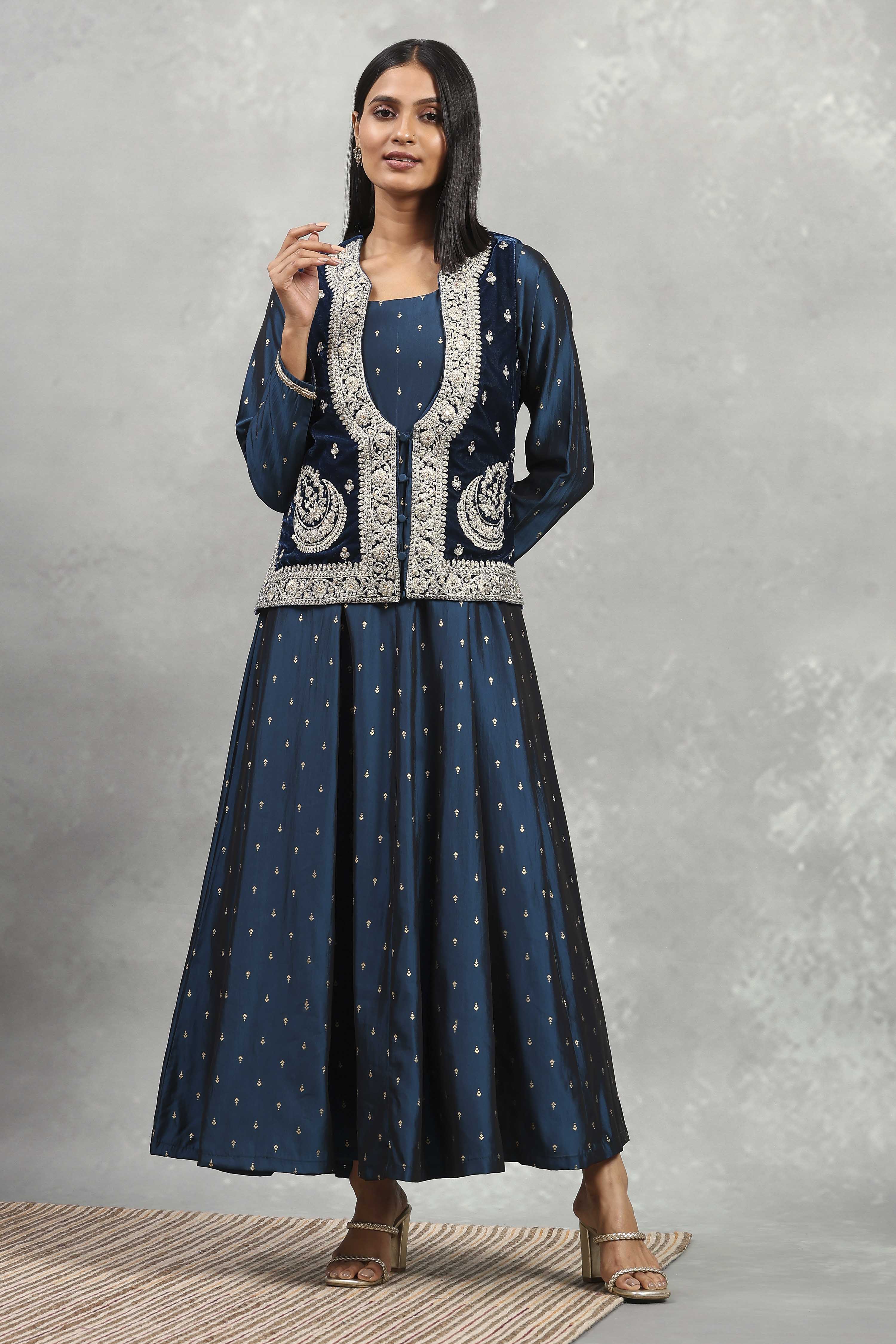 Blue Polyester Blend Printed Kalidar Dress image number 5