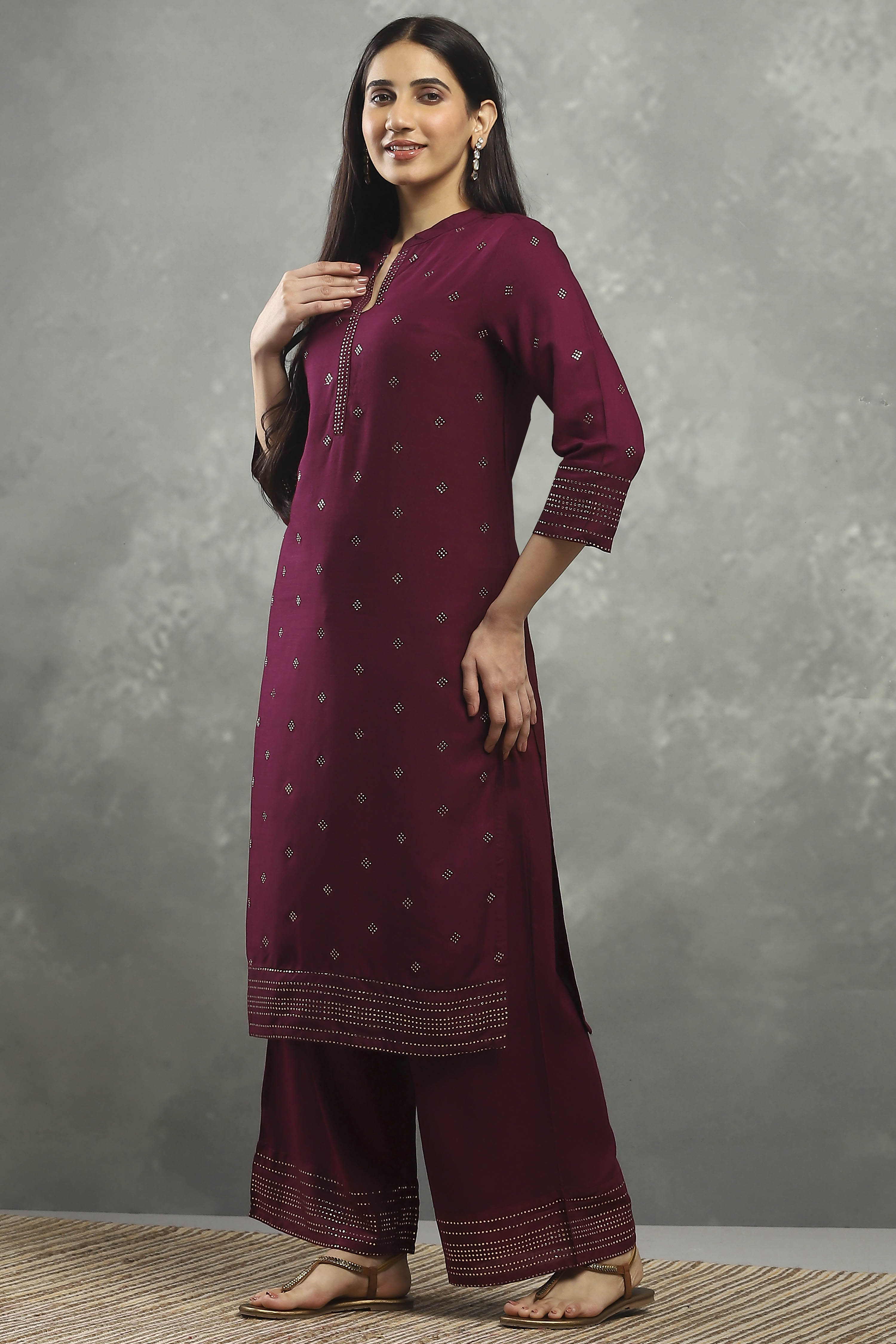 Purple Viscose Straight Kurta Pants Set image number 3