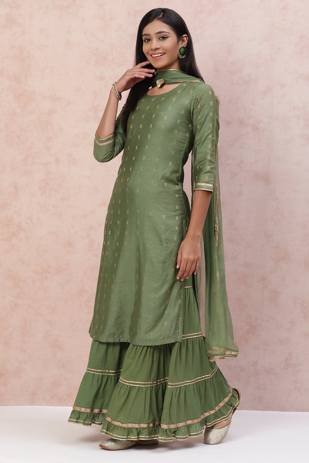 Olive Green Poly Cotton Straight Suit Set image number 4