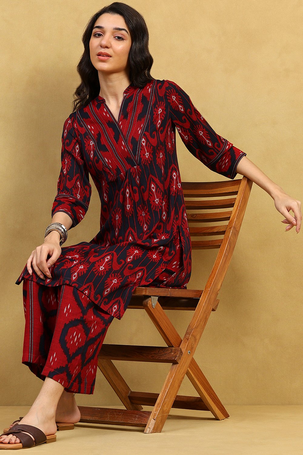 Red Viscose Blend Printed Gathered Kurta Palazzo Set image number 0