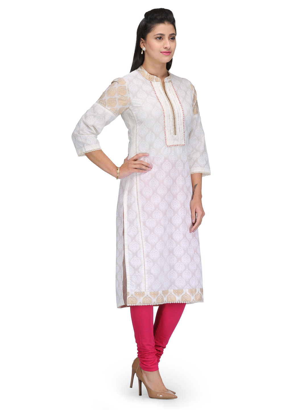 Off White Cotton Straight Kurta image number 1