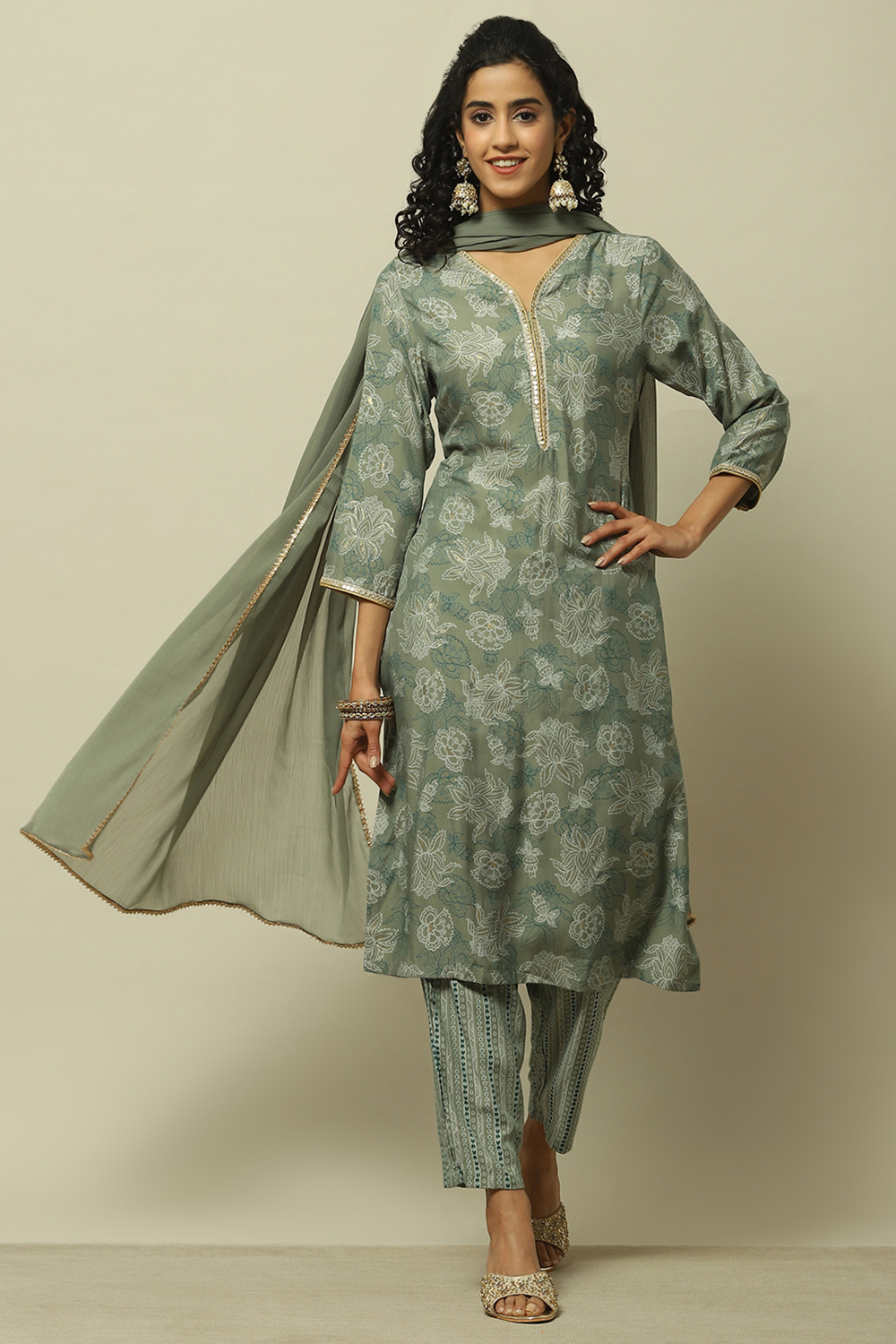 Olive Green Viscose Blend Straight Suit Set image number 0