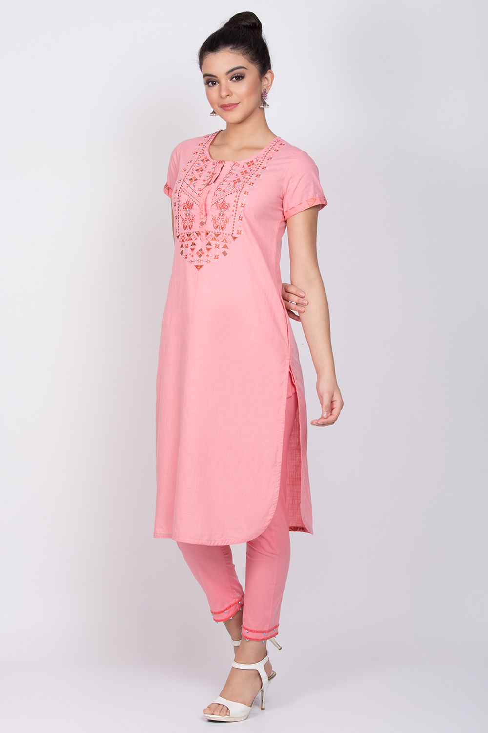 Peach Cotton Straight Kurta image number 2