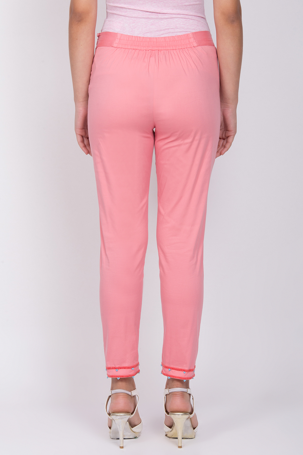 Peach Poly Lycra Slim Pants image number 3