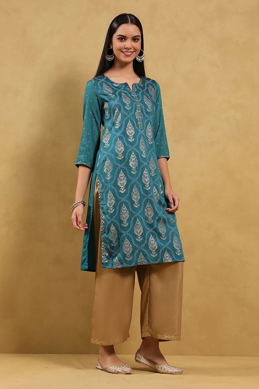 Teal Viscose Blend Printed Straight Kurta image number 4