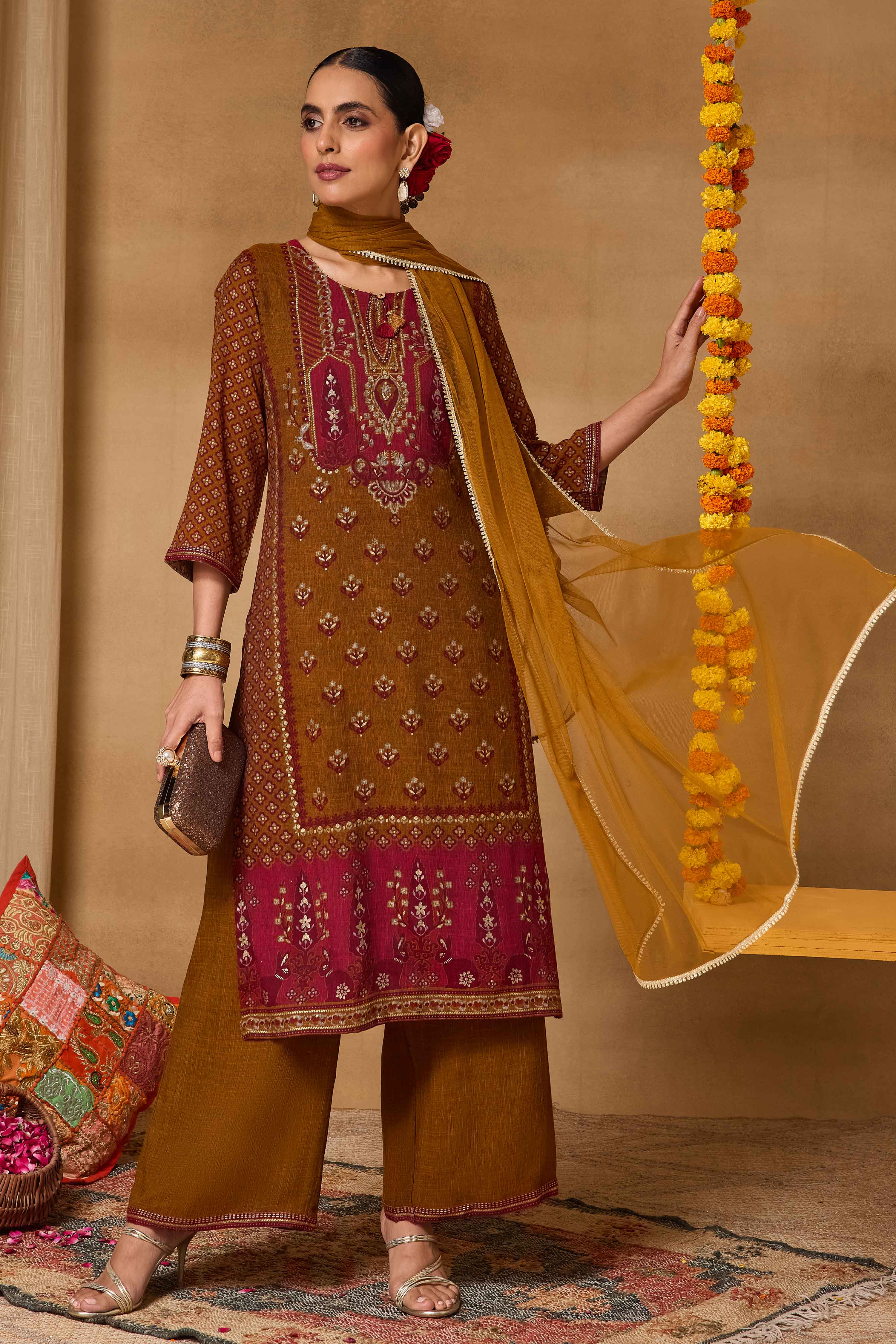 Mustard Viscose Blend Straight Printed Suit Set image number 0