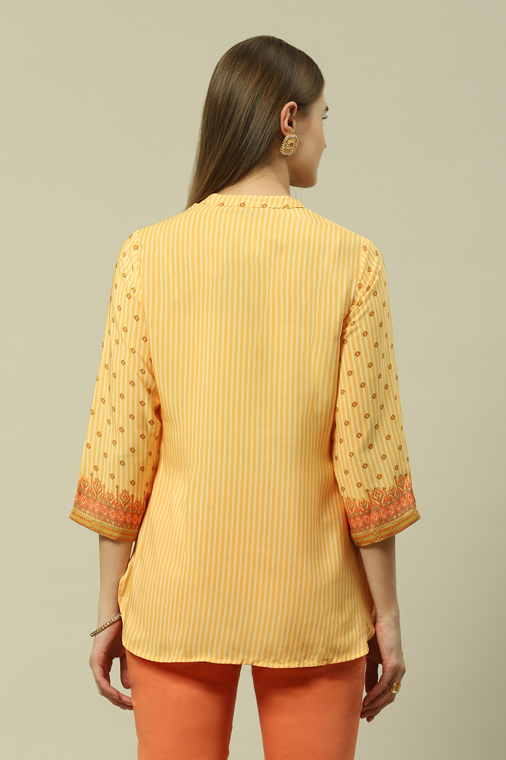 Yellow Polyester Straight Printed Top image number 3