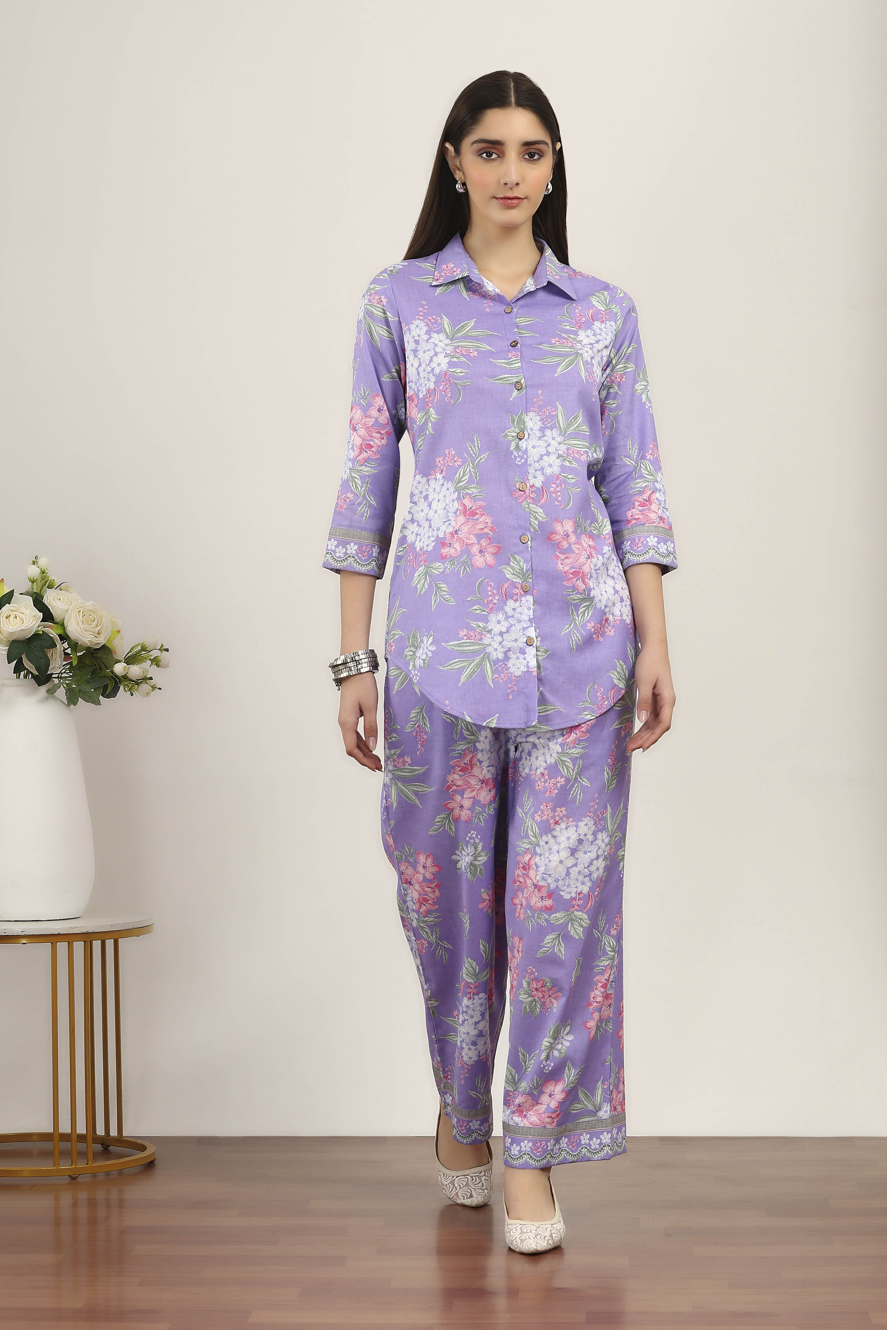 Purple Cotton Blend Cotton Flex Kurta Pants Set image number 6