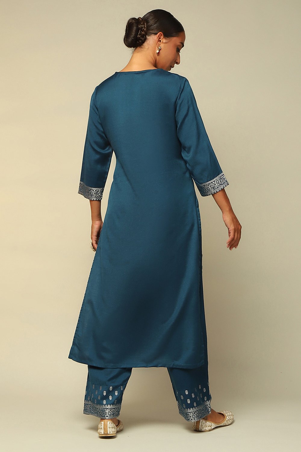 Petrol Blue Acrylic Straight Yarn Dyed Kurta Palazzo Suit Set image number 4