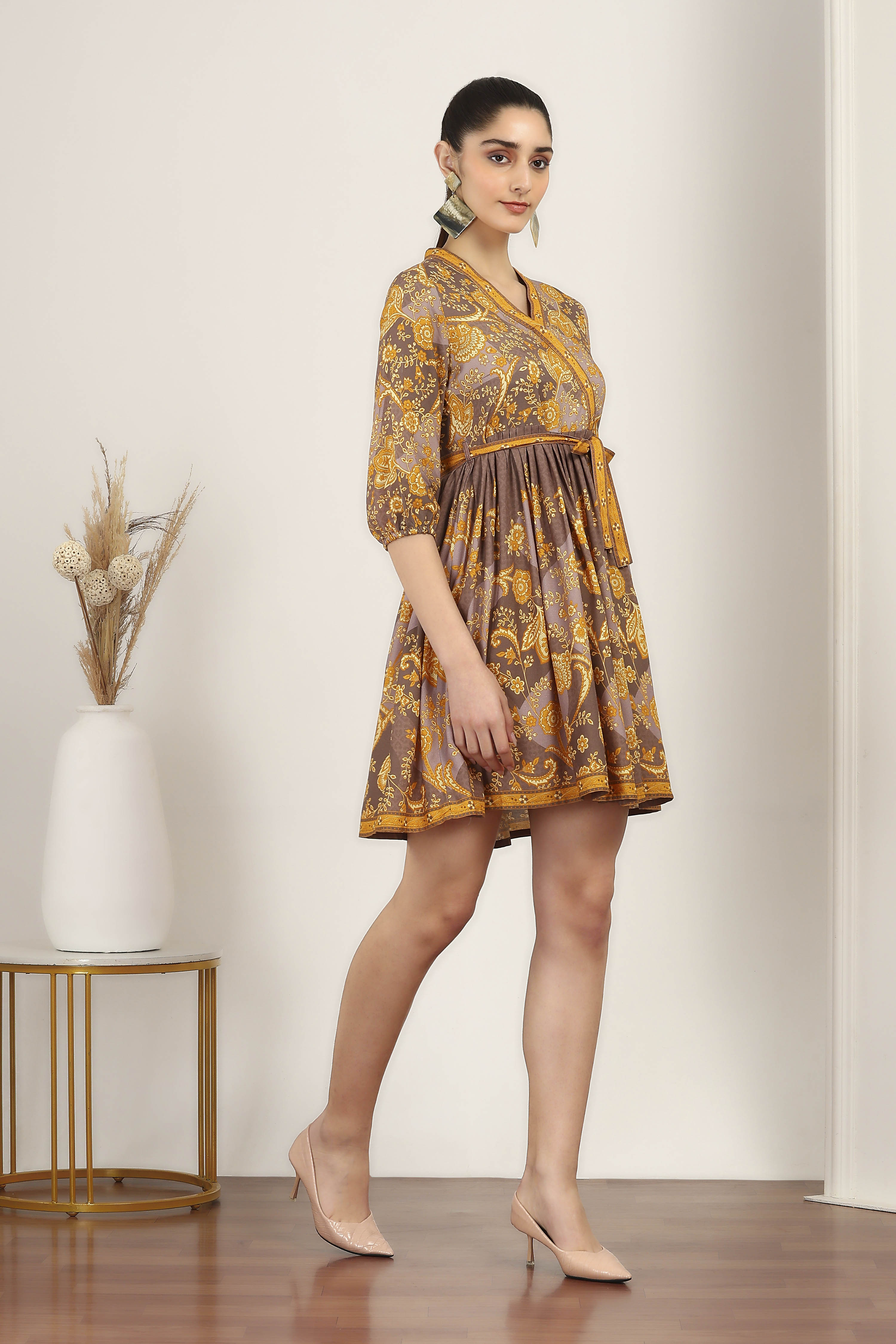 Yellow Rayon Gathered Dresses image number 4