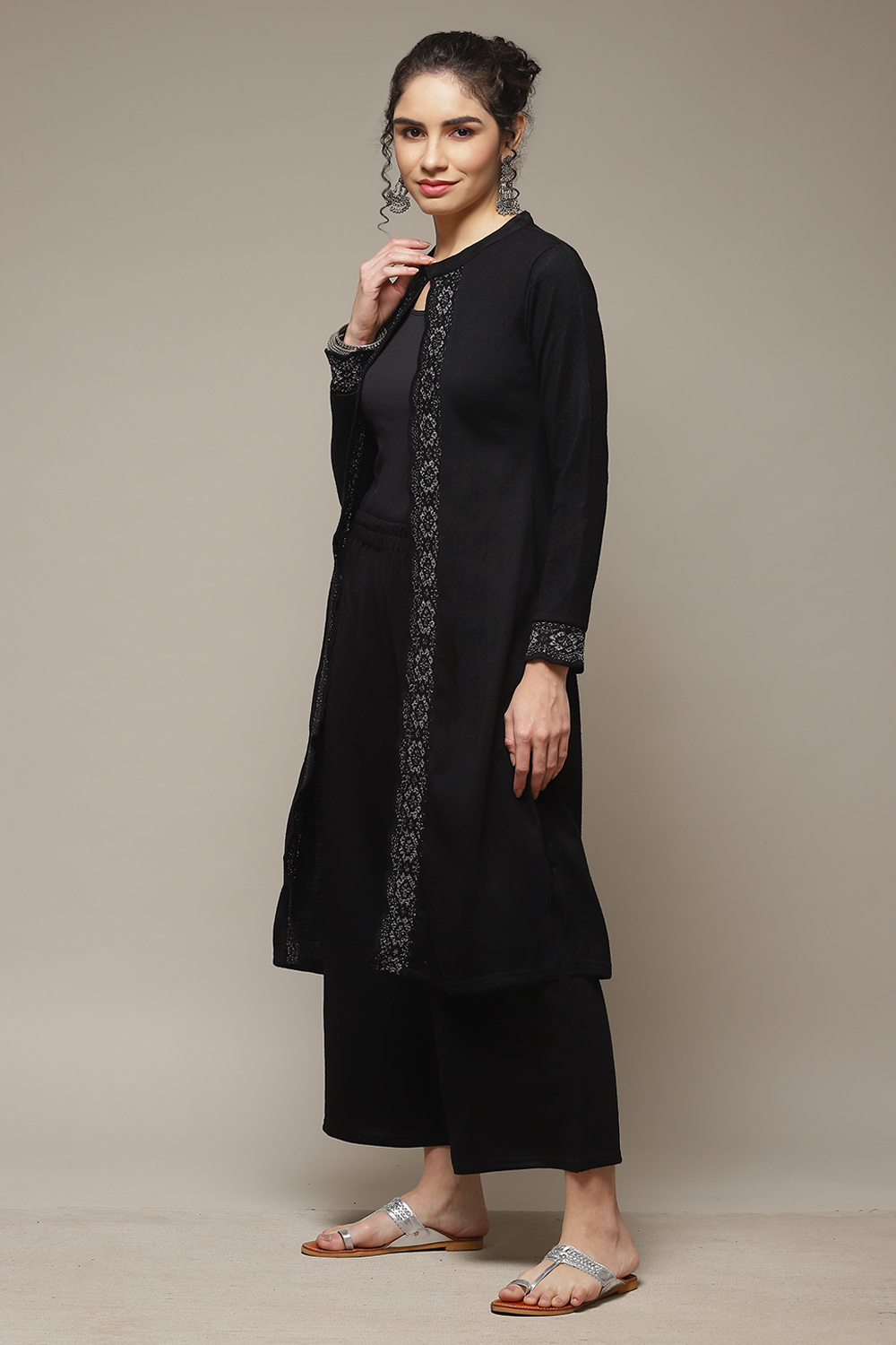 Black Acrylic Front Open Kurta image number 3