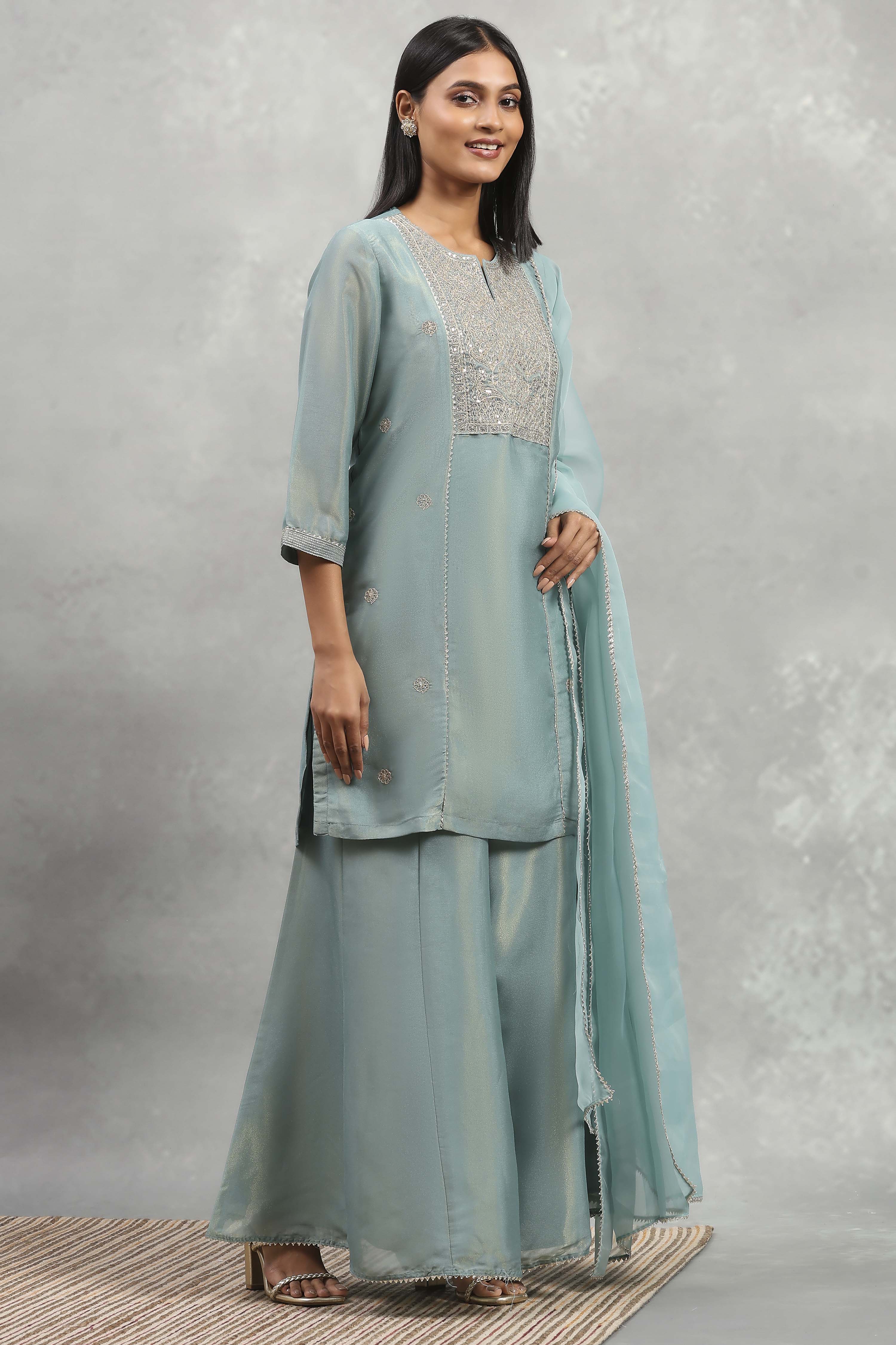 Dust Blue Tissue Solid Straight Suit Set image number 5