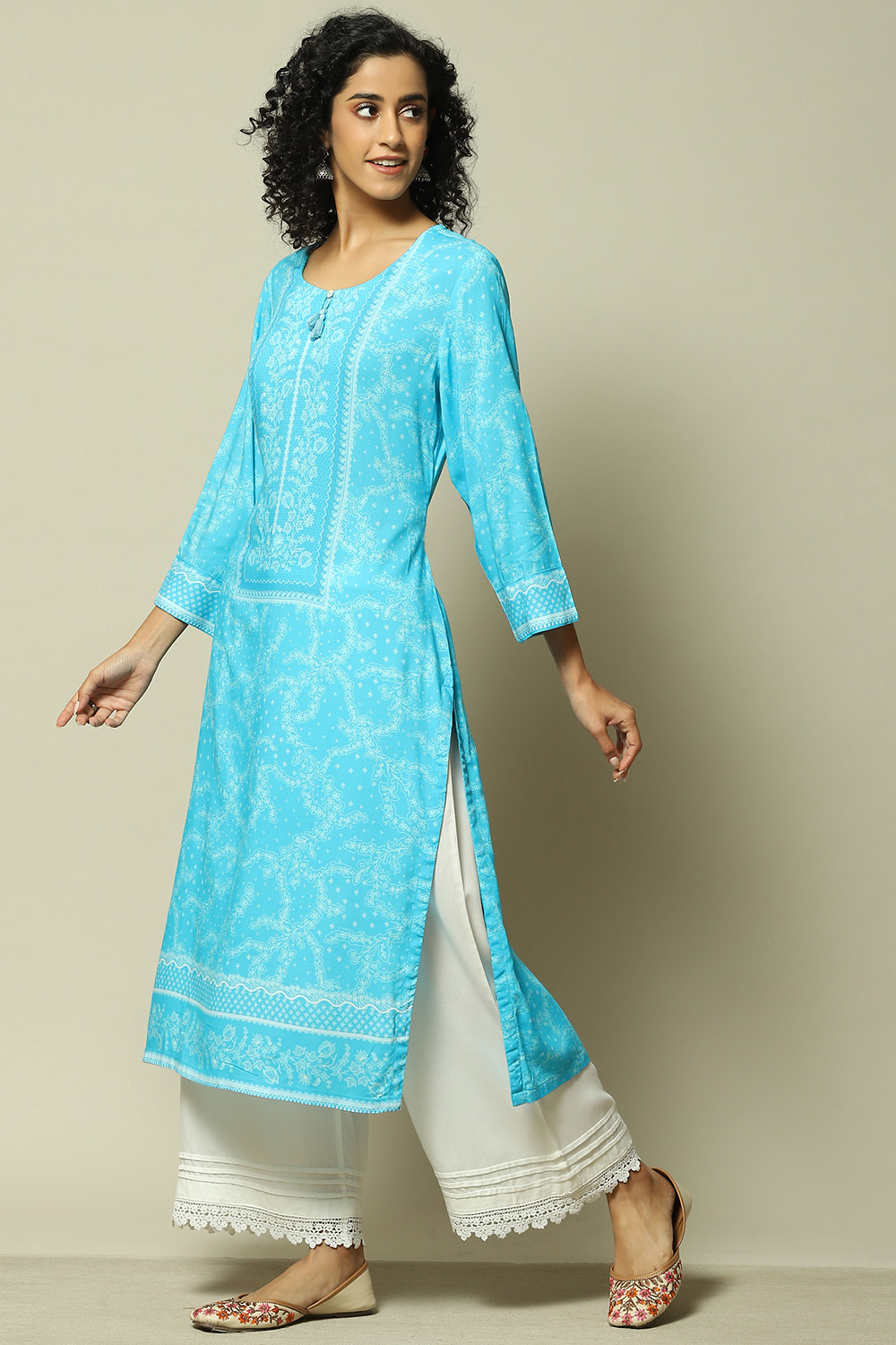 Aqua Blue LIVA Straight Printed Kurta image number 2