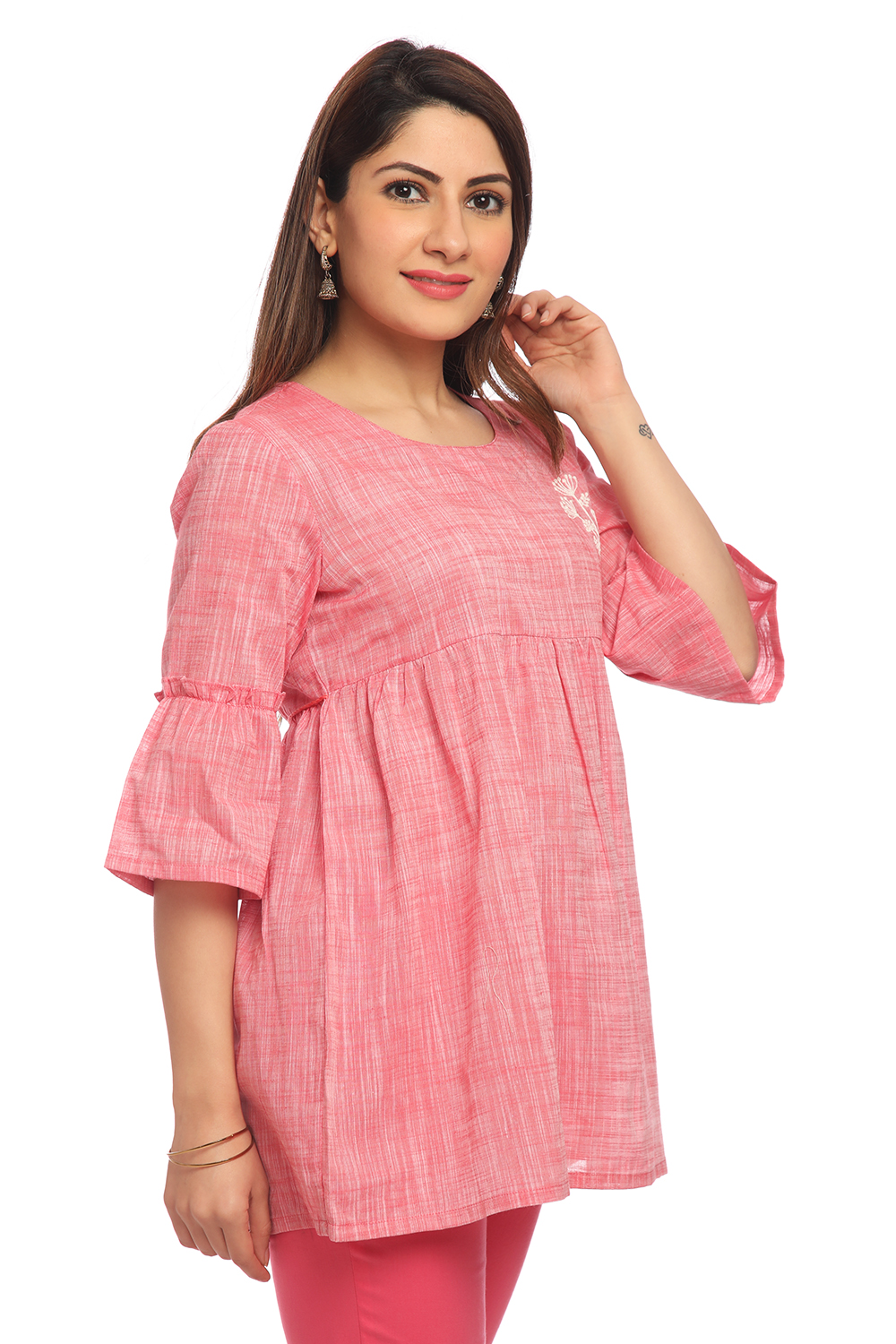 Pink Flared Cotton Indie Top image number 2