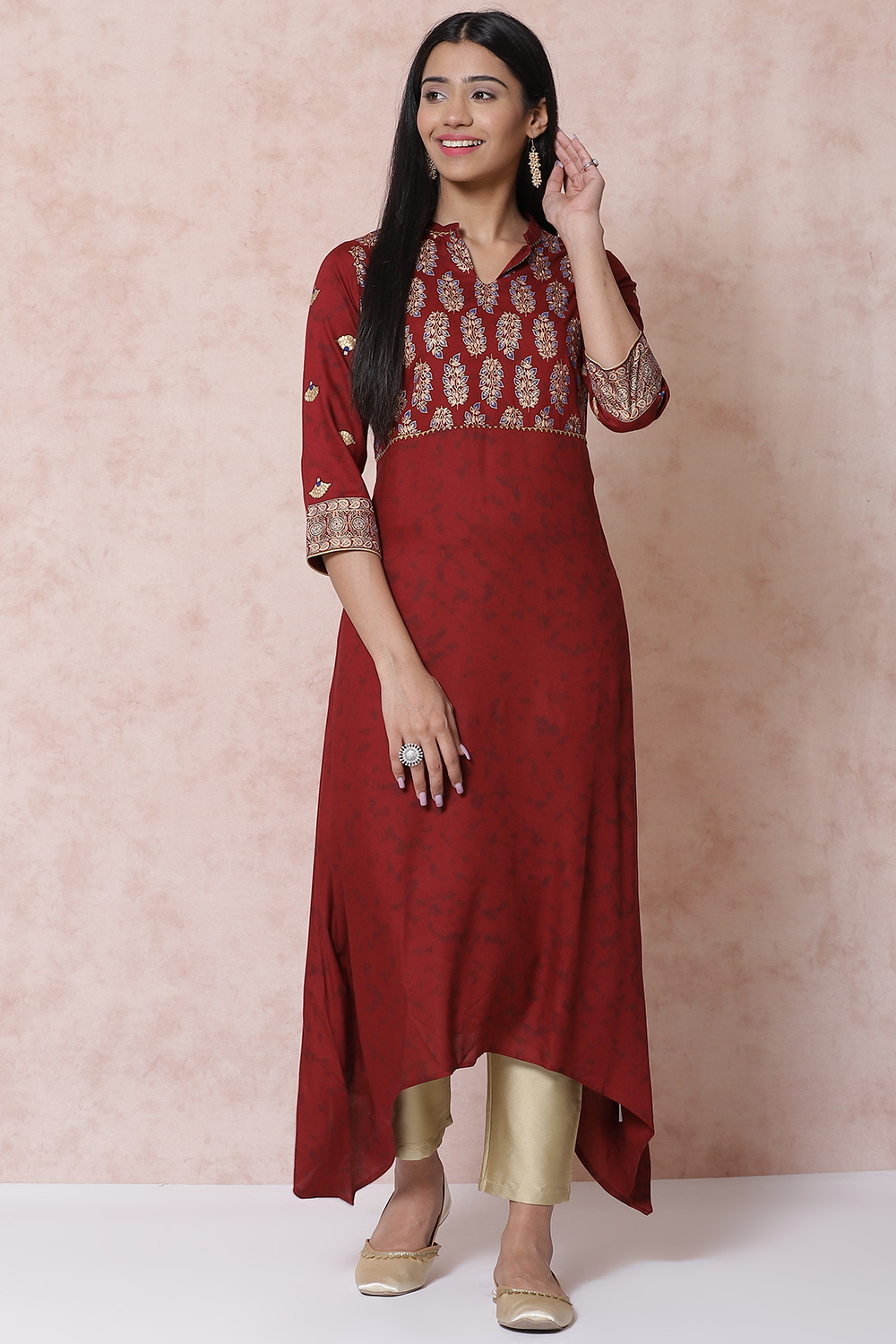 Maroon LIVA Asymmetric Kurta image number 0