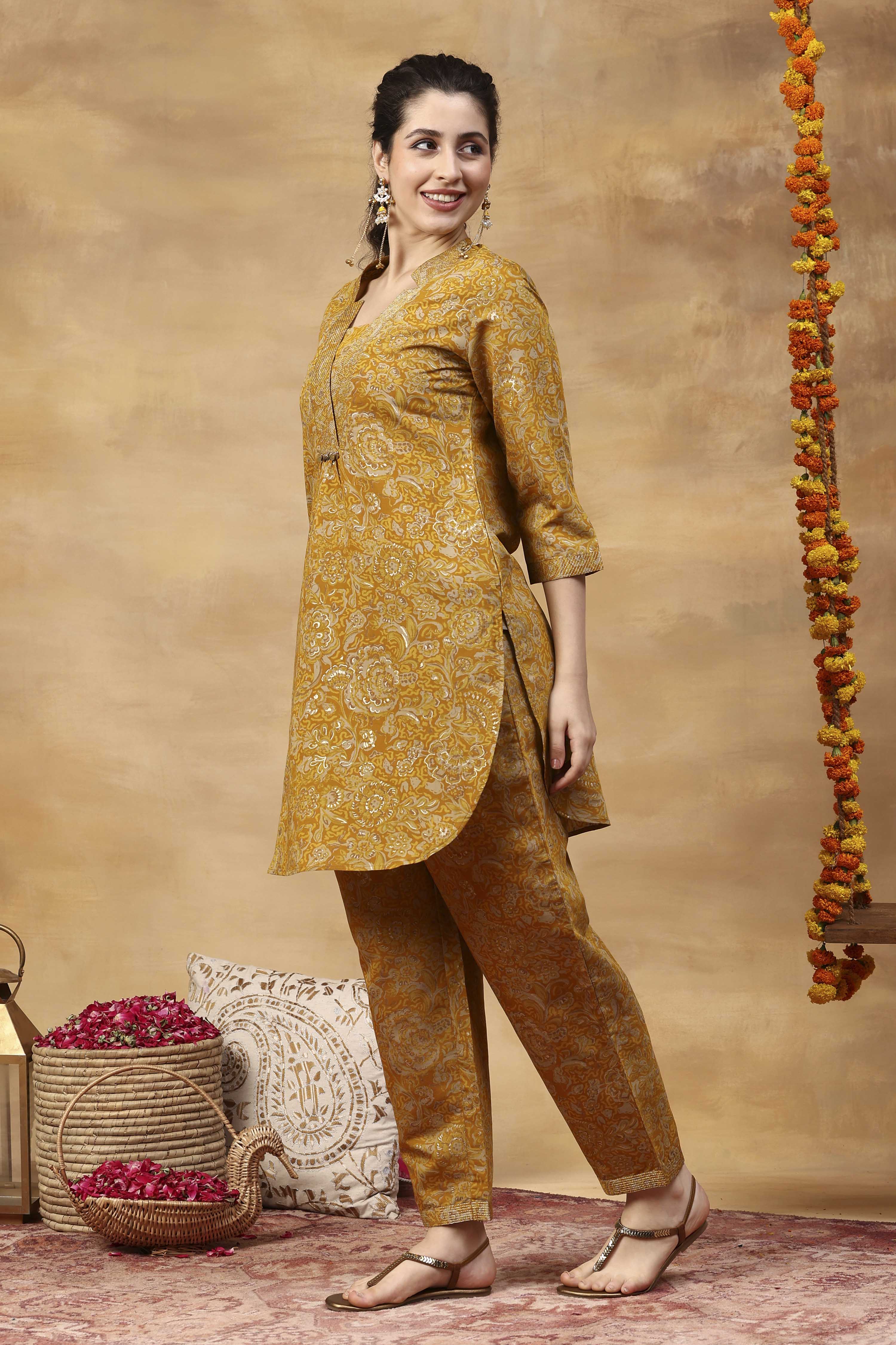 Yellow Viscose Blend A-Line Printed Kurta Pants Set image number 3