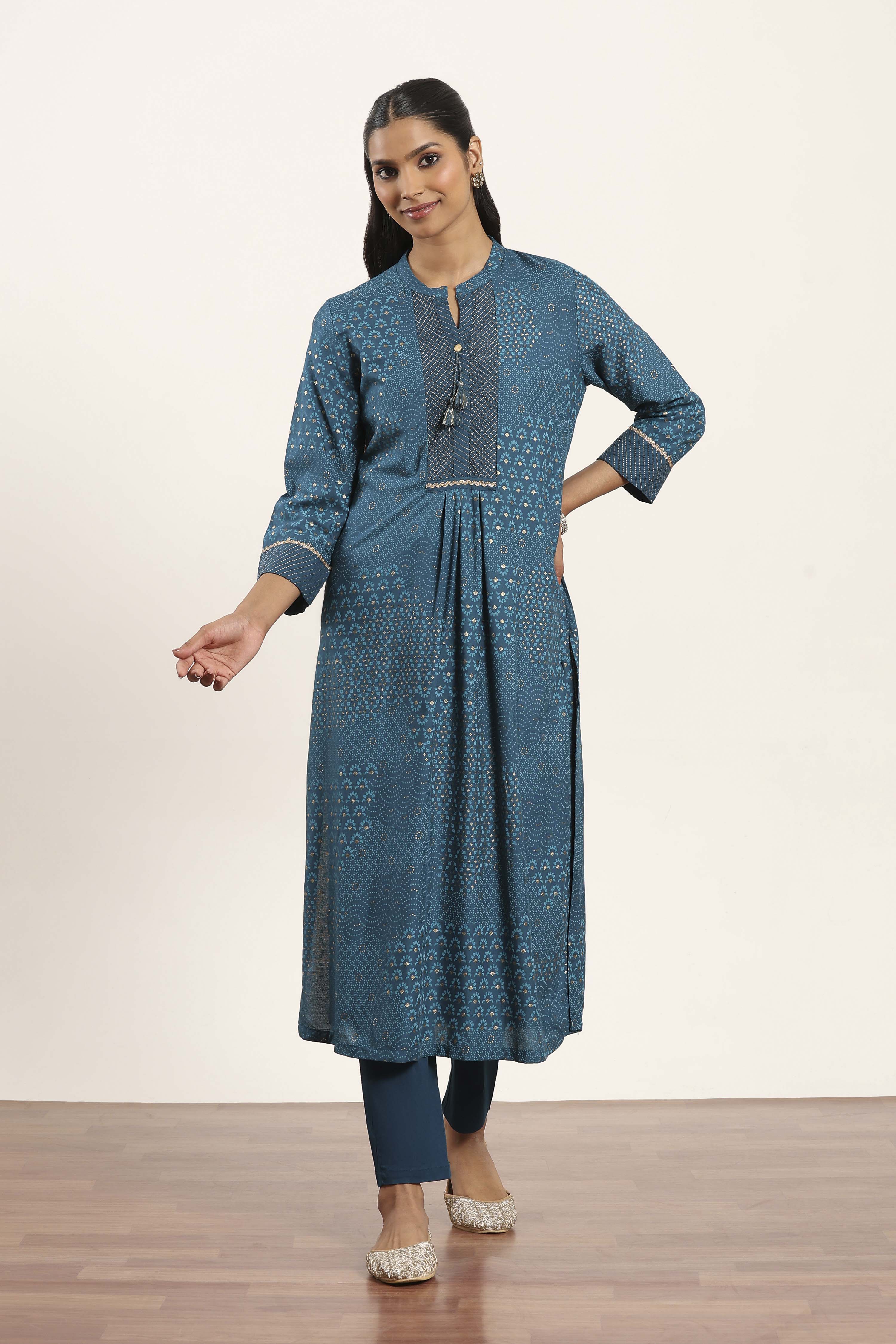 Teal Blue Viscose Rayon Straight Kurta Pants Set image number 6