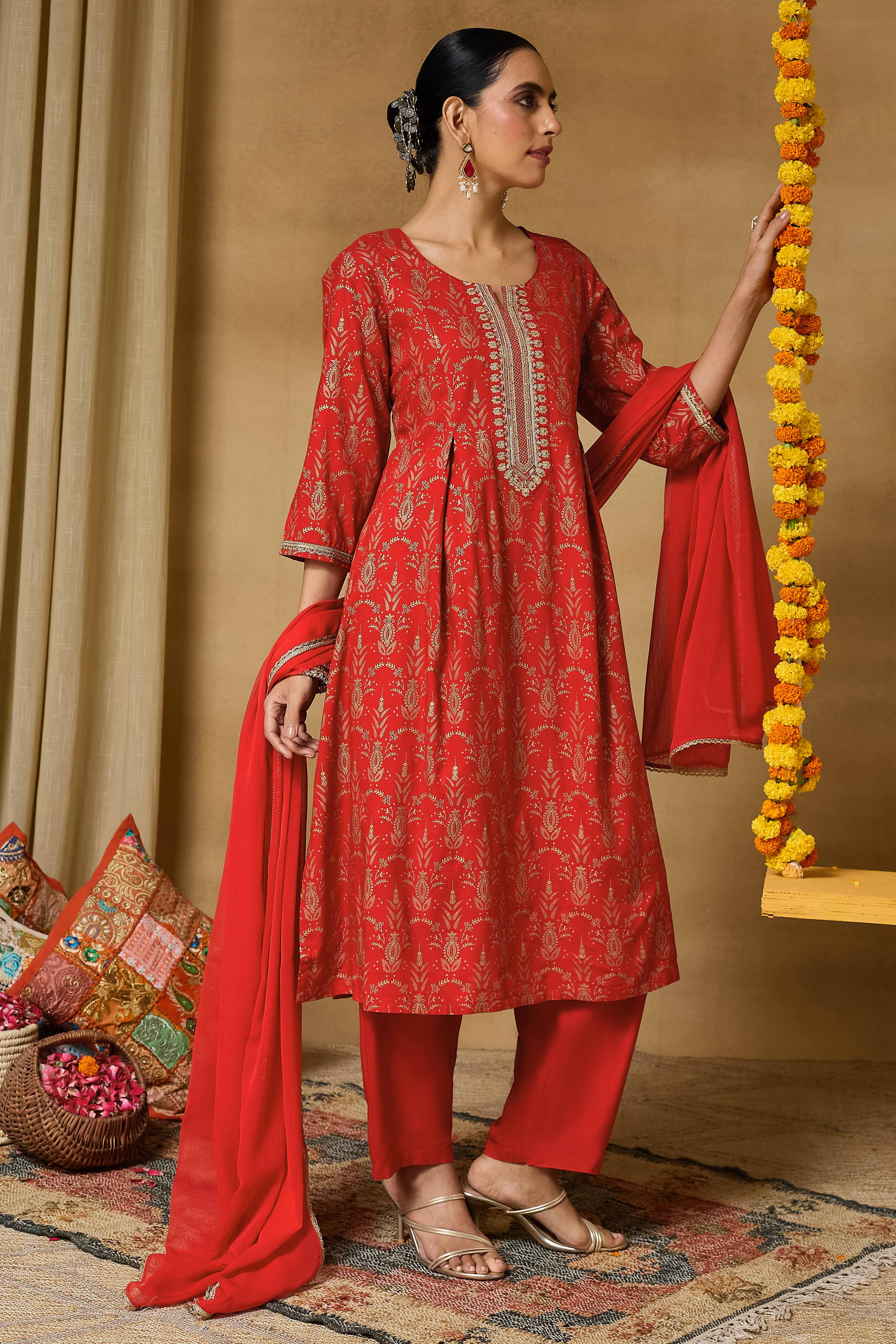 Red Viscose Rayon Straight Printed Suit Set image number 6