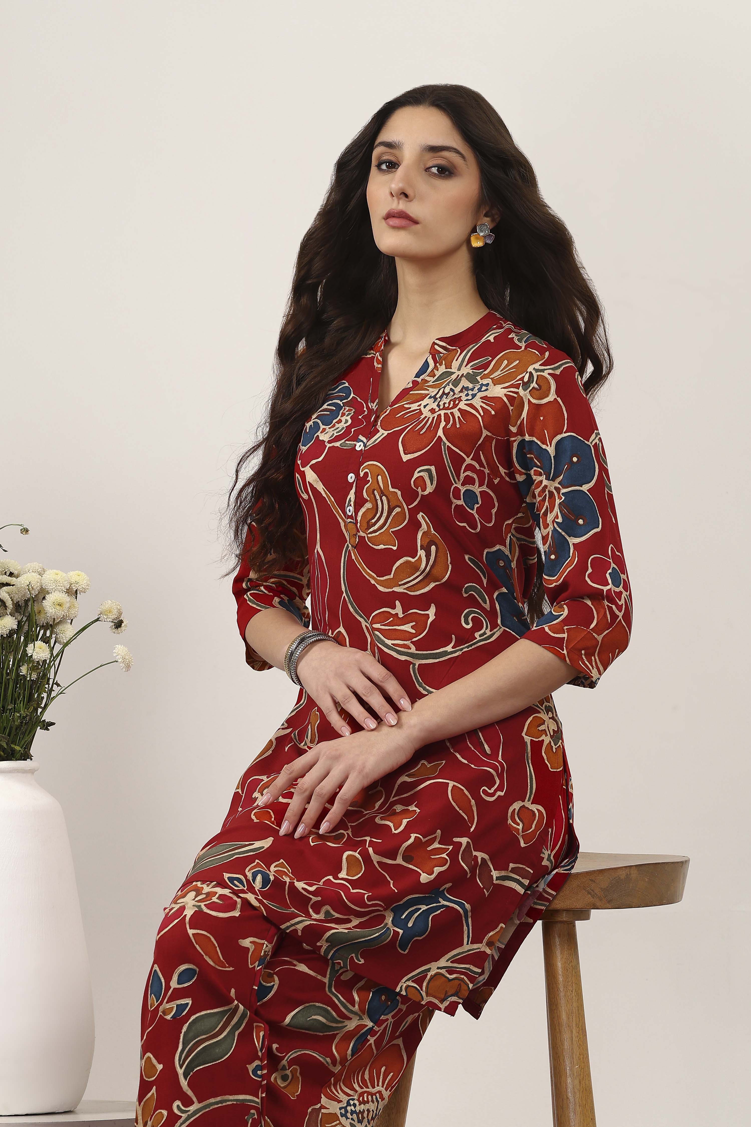 Red Rayon Viscose Rayon Kurta Pants Set image number 7