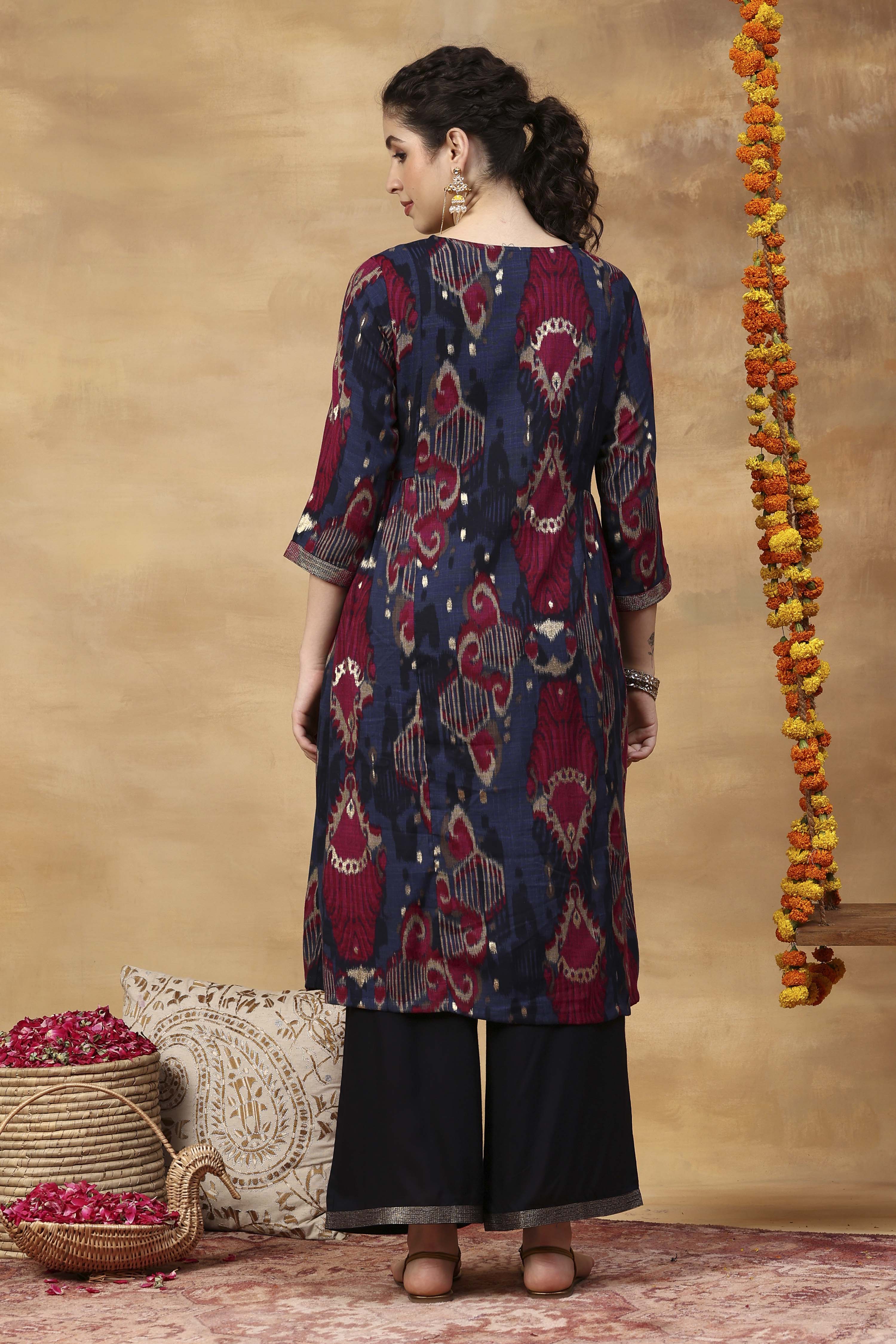 Blue Printed Viscose Blend A-Line Co-ord Set image number 5