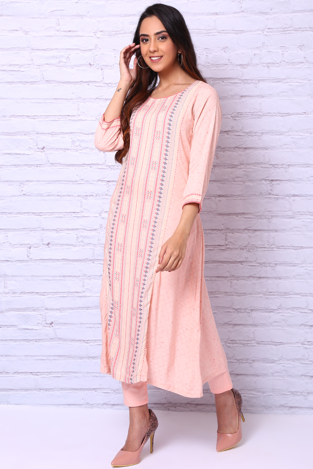 Peach Viscose Rayon A Line Kurta image number 2