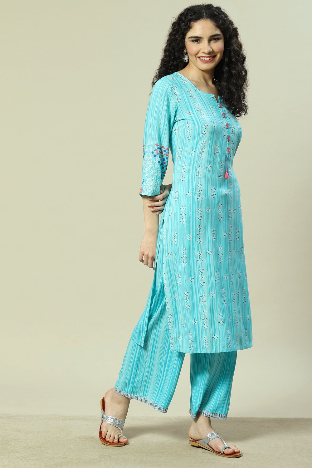 Turquoise LIVA Woven Straight Kurta Suit Set image number 5