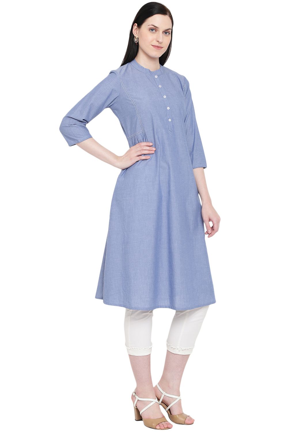 Light-Blue Chambray A-Line Kurta image number 3
