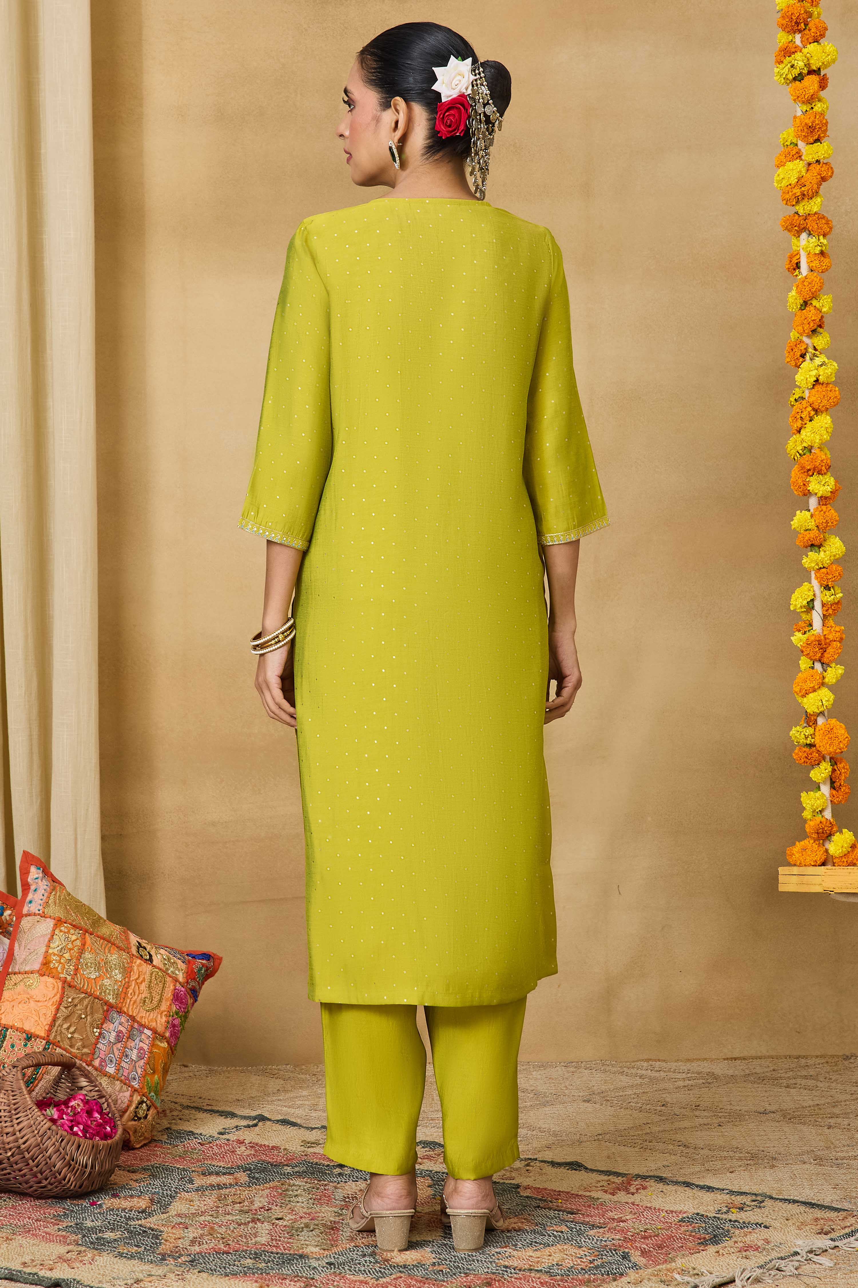 Lime Viscose Blend Straight Printed Suit Set image number 5
