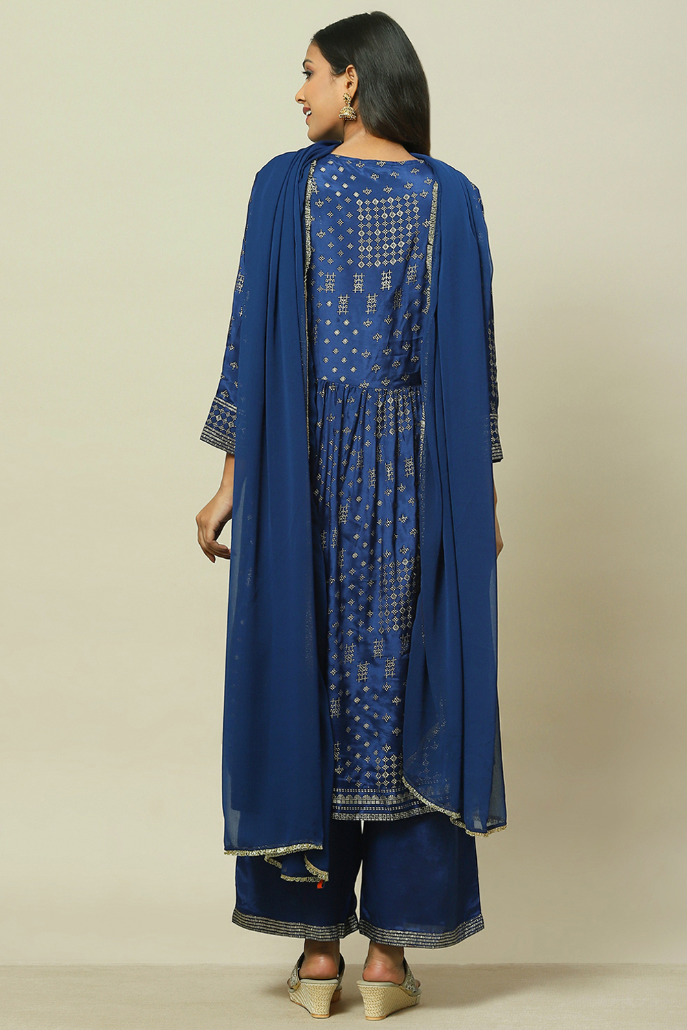 Indigo LIVA Woven Tired Kurta Suit Set image number 4